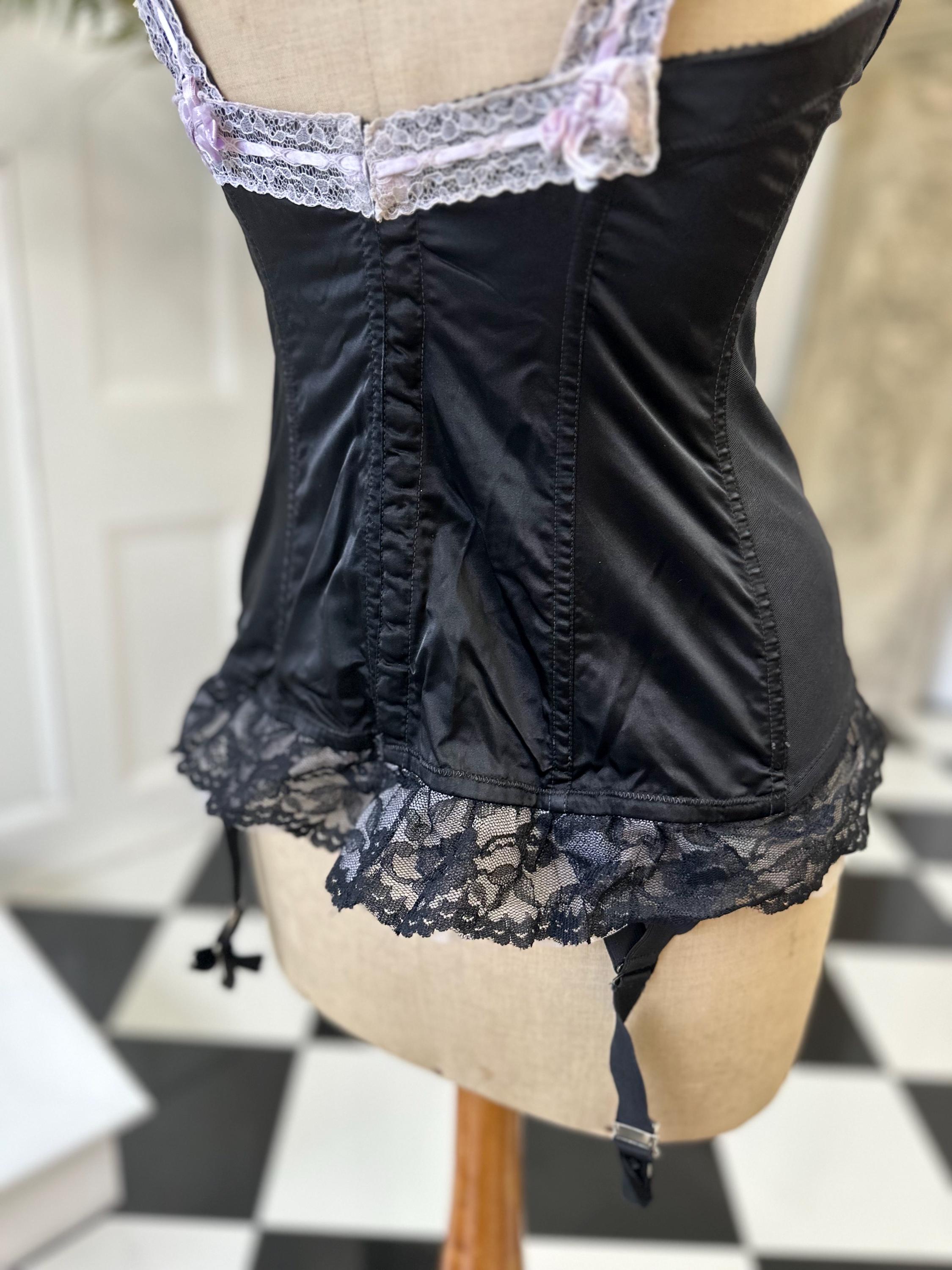 1950s Sexy black satin and lace corset bustier
