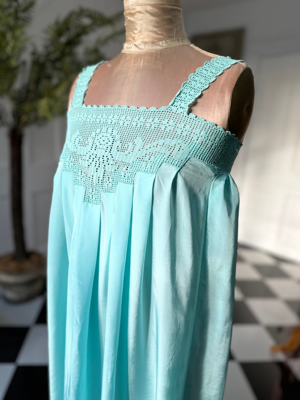 Vintage 1970s loose silky long slip dress hand crochet lace details