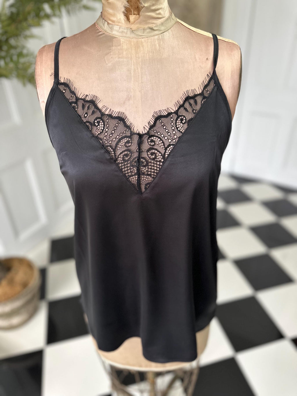 Vintage 1930s style satin and lace black camisole large size
