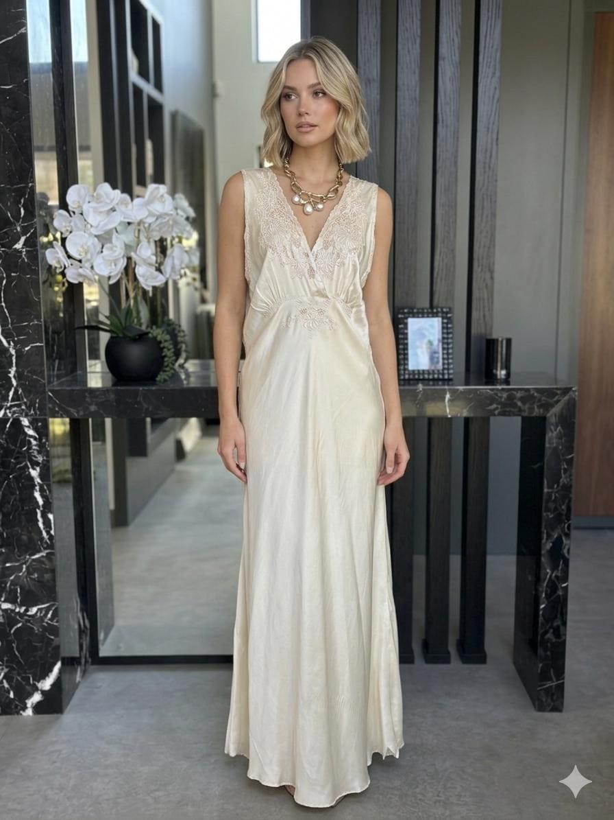 Antique 1940s Silk Wedding Dress slip dress - Bias Cut Art Deco Gown