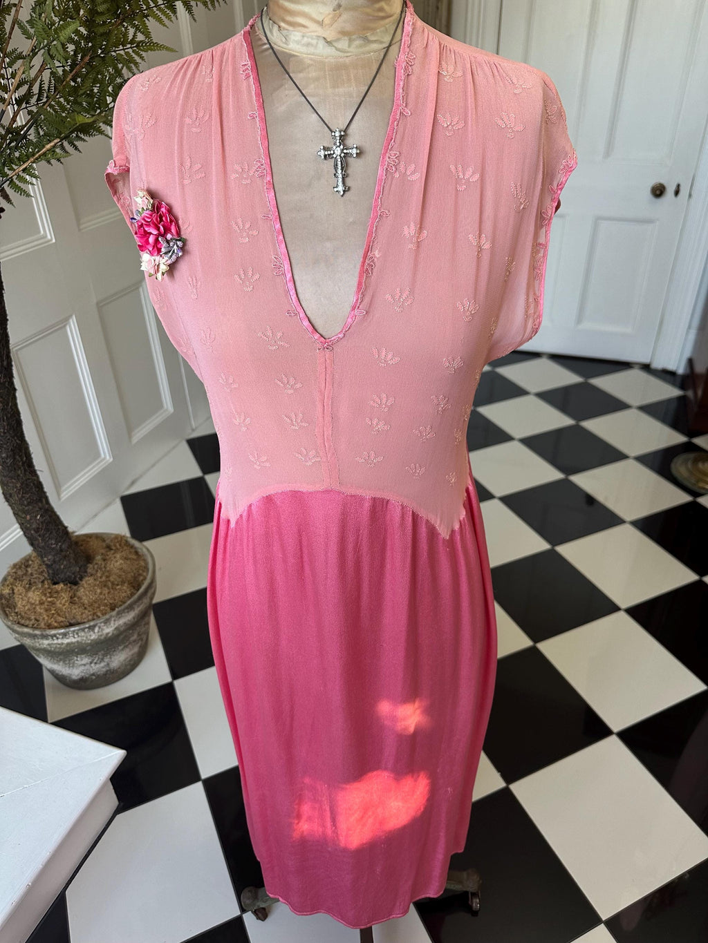 1940s silk satin and chiffon hot pink hand embroidered slip dress