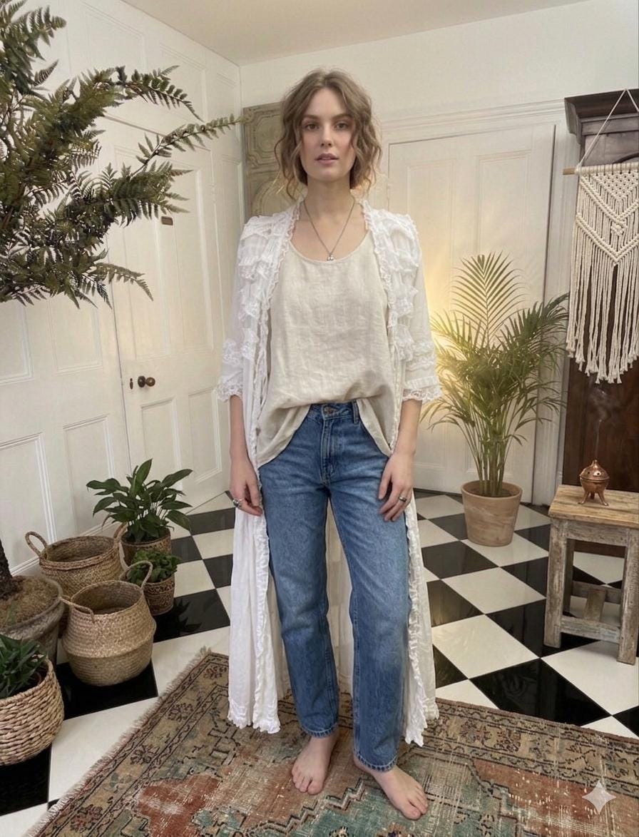 Vintage 1970s White Peignoir with Lace Ruffle and Floral Details