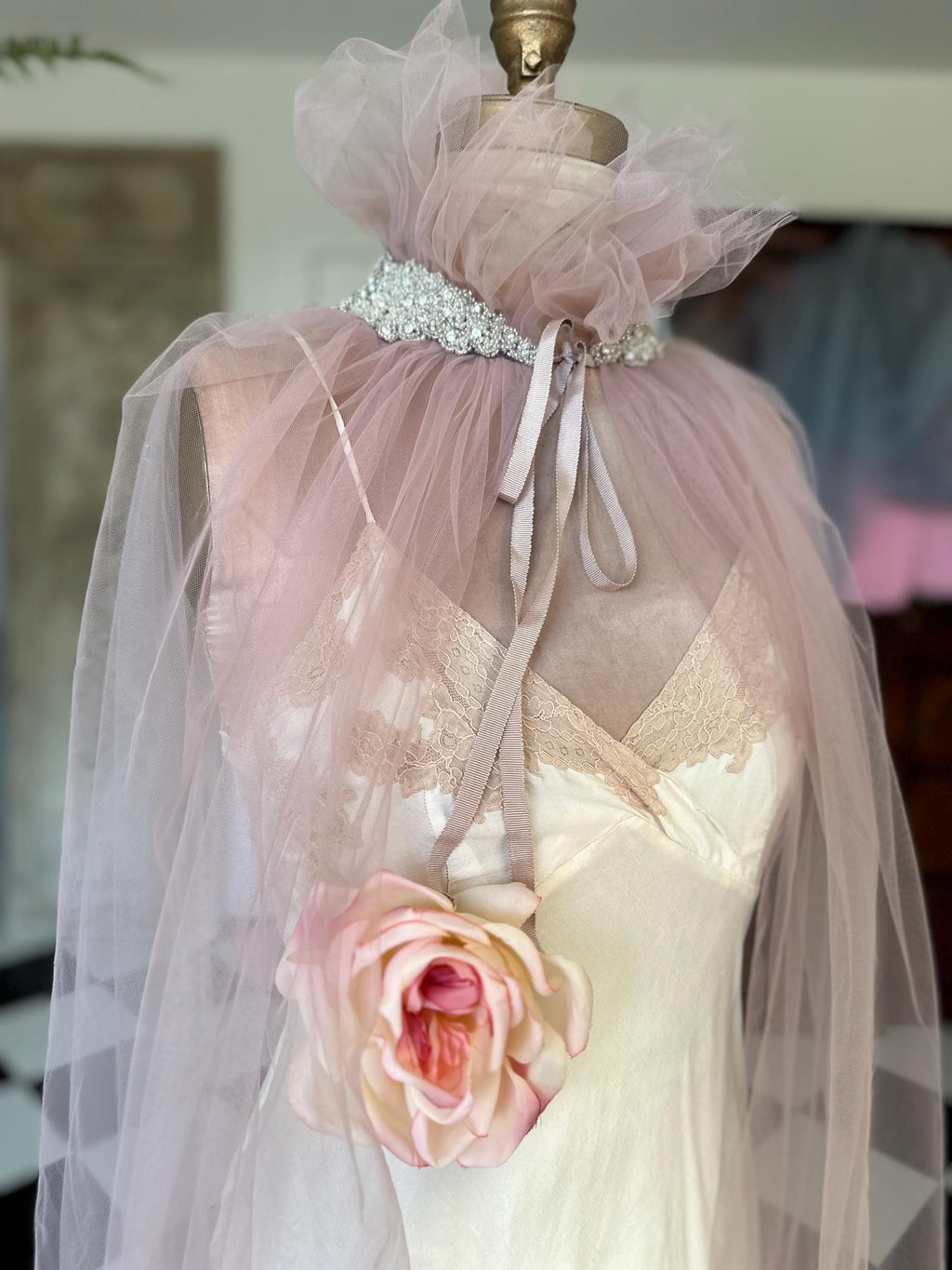 Handmade Vintage embellished soft Tulle Cape in old rose pink