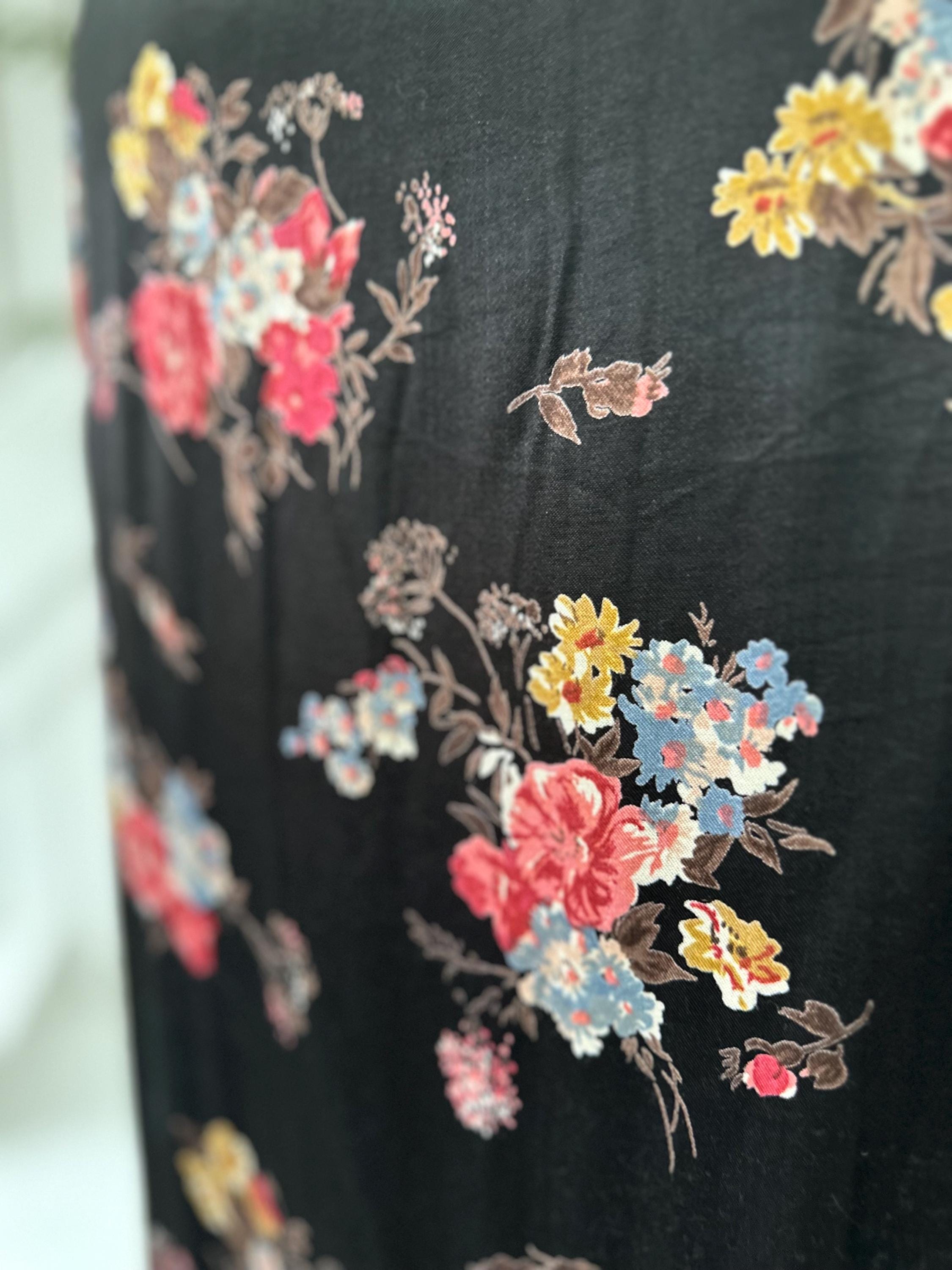 1980s Satin Black Floral Long Sleeve Blouse Vintage Chic