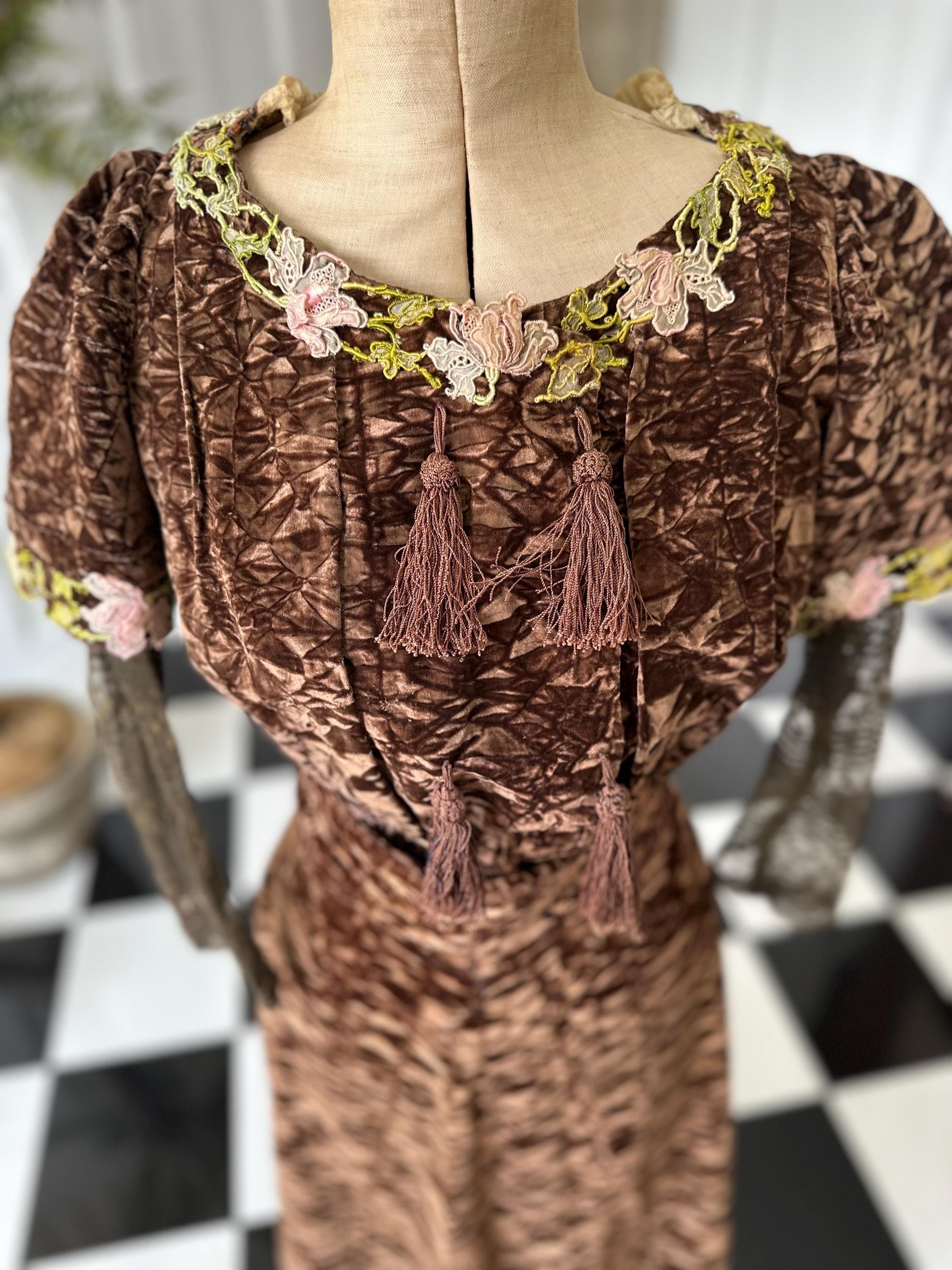 Edwardian silk crush  velvet bodice and skirt with pastel colours