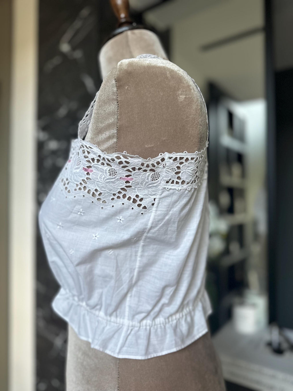 The "Petal & Lace" Archive Top – Rare 1930s Cotton Eyelet Camisole with Pink Silk Ribbon