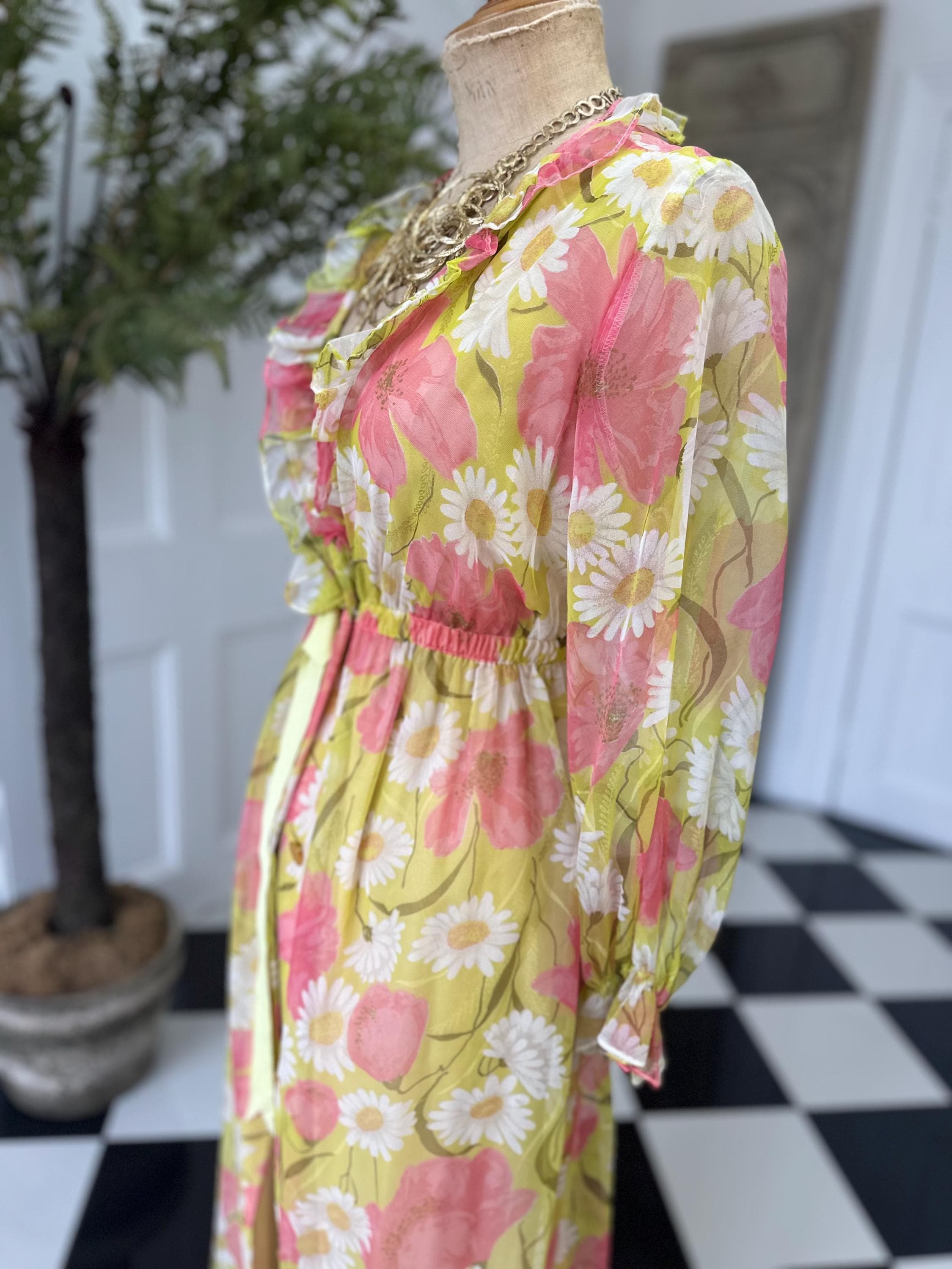 Vintage 1970s floral pink and yellow and green maxi dress with ruffle collar