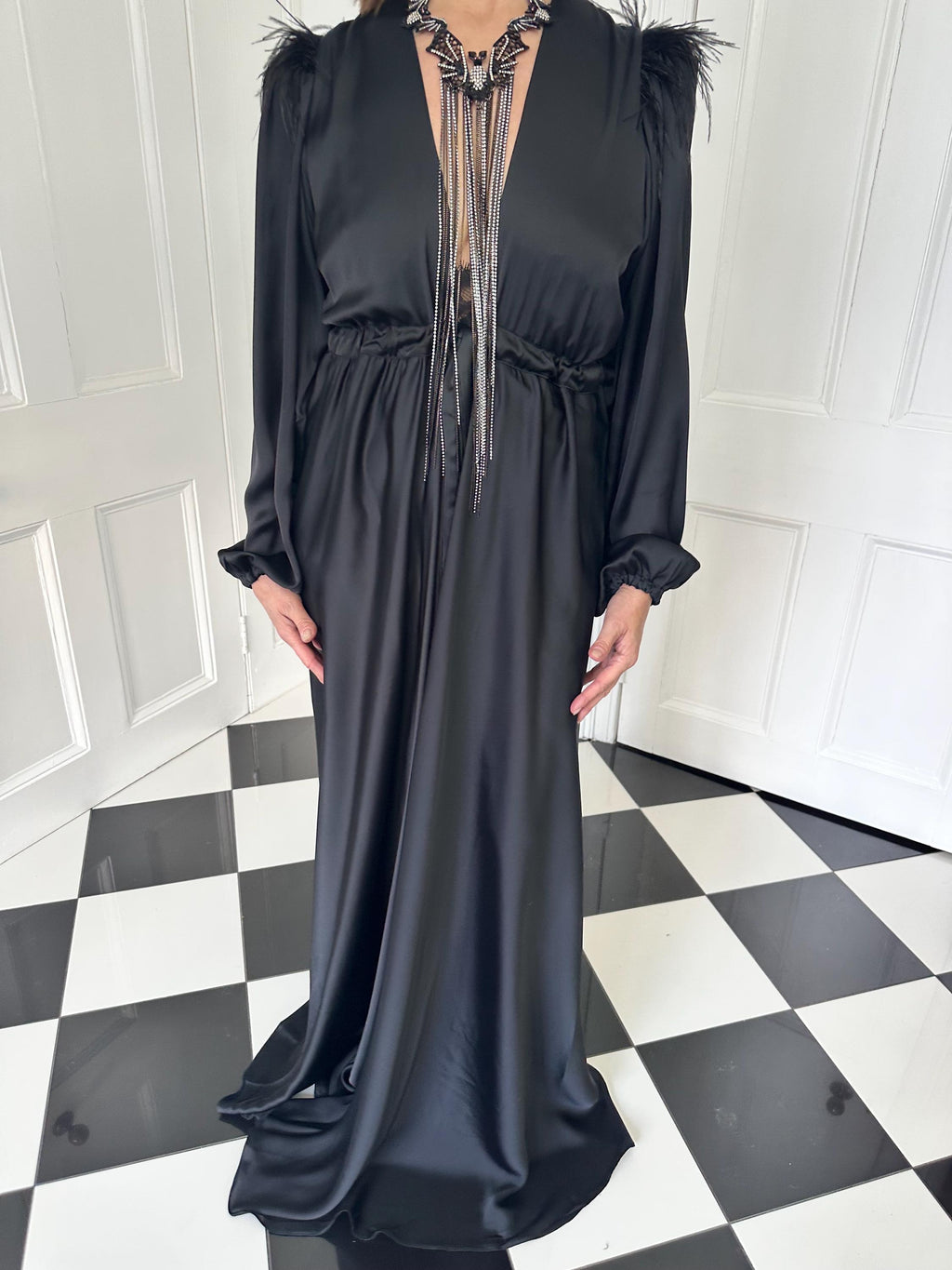 Vintage 1940s style black maxi gown robe with ostrich feather