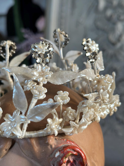 1910s 1920s Wax Elegant Handcrafted flowers and Crystals wedding Tiara