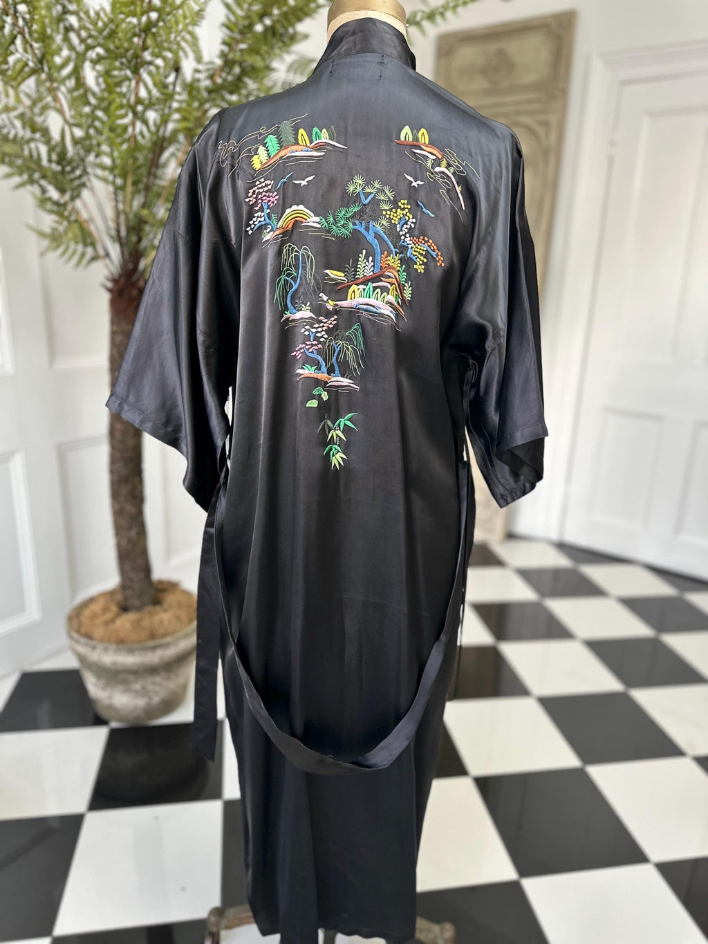 Vintage 1970 black satin embroidered kimono
