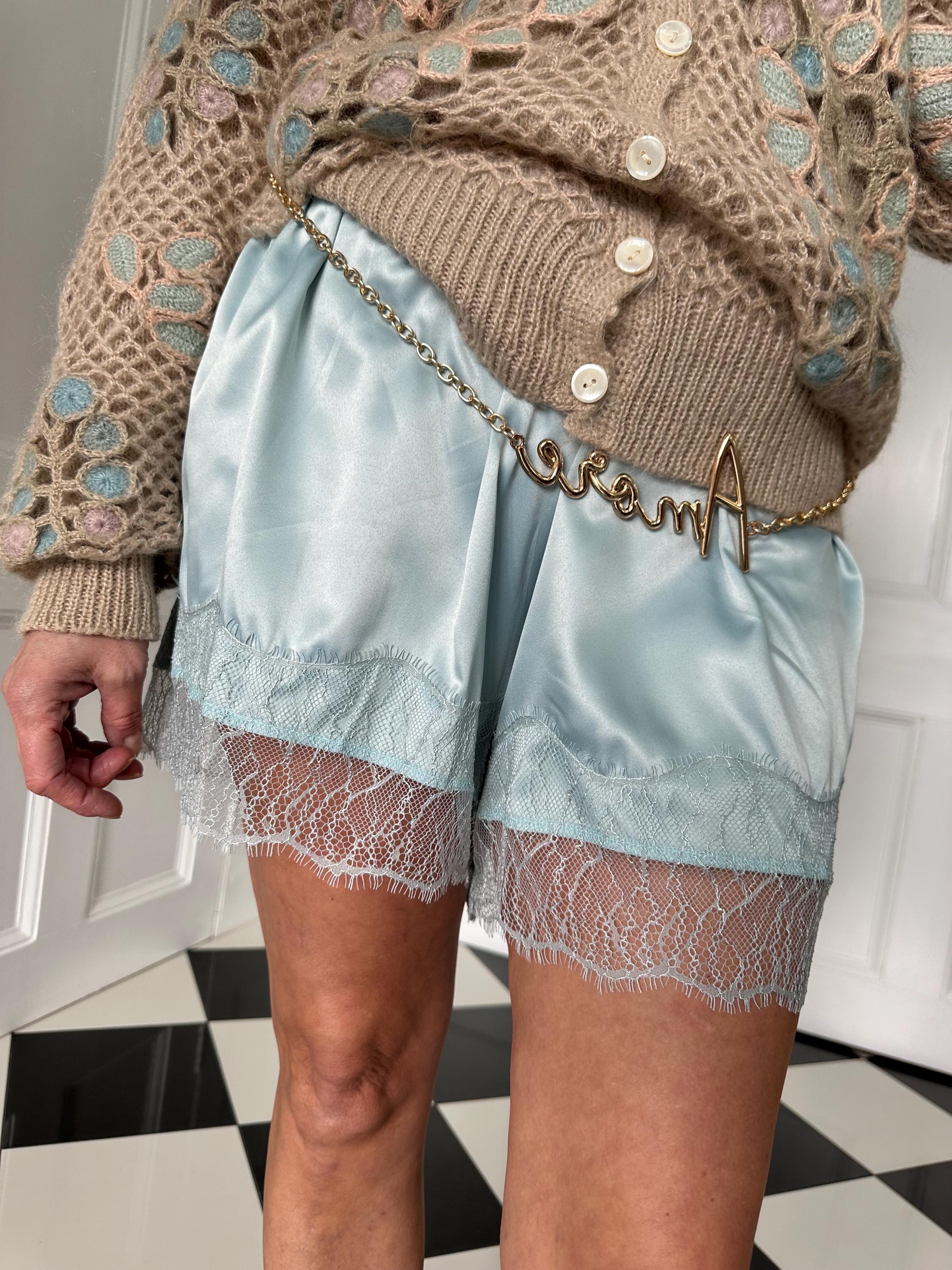 Vintage style duck egg blue French lace and satin tap pants shorts