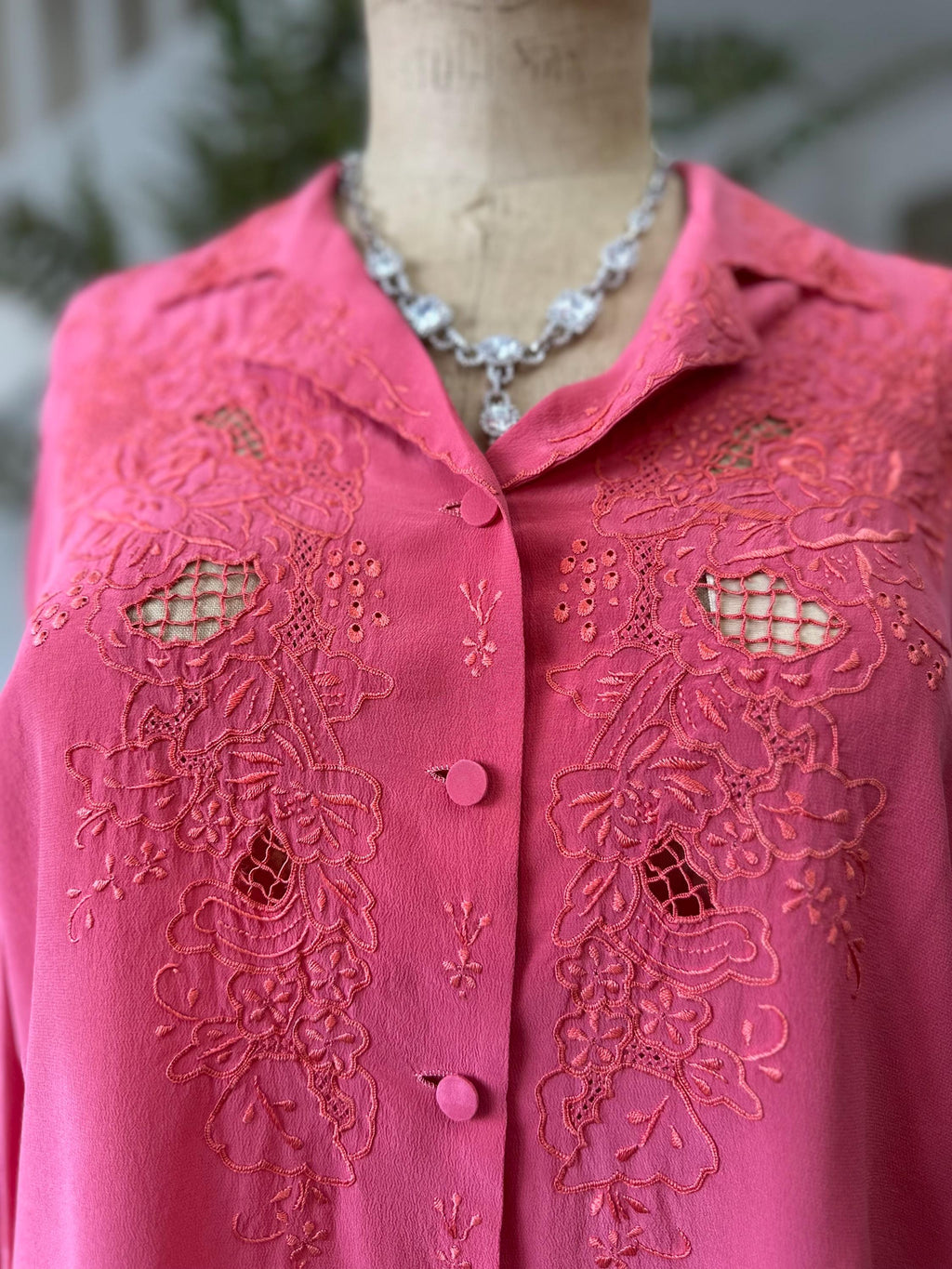 1950s dark pink silk long sleeve blouse with hand embroidery