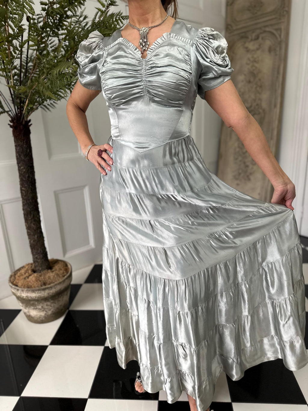 1930s long satin grey evening gown dress