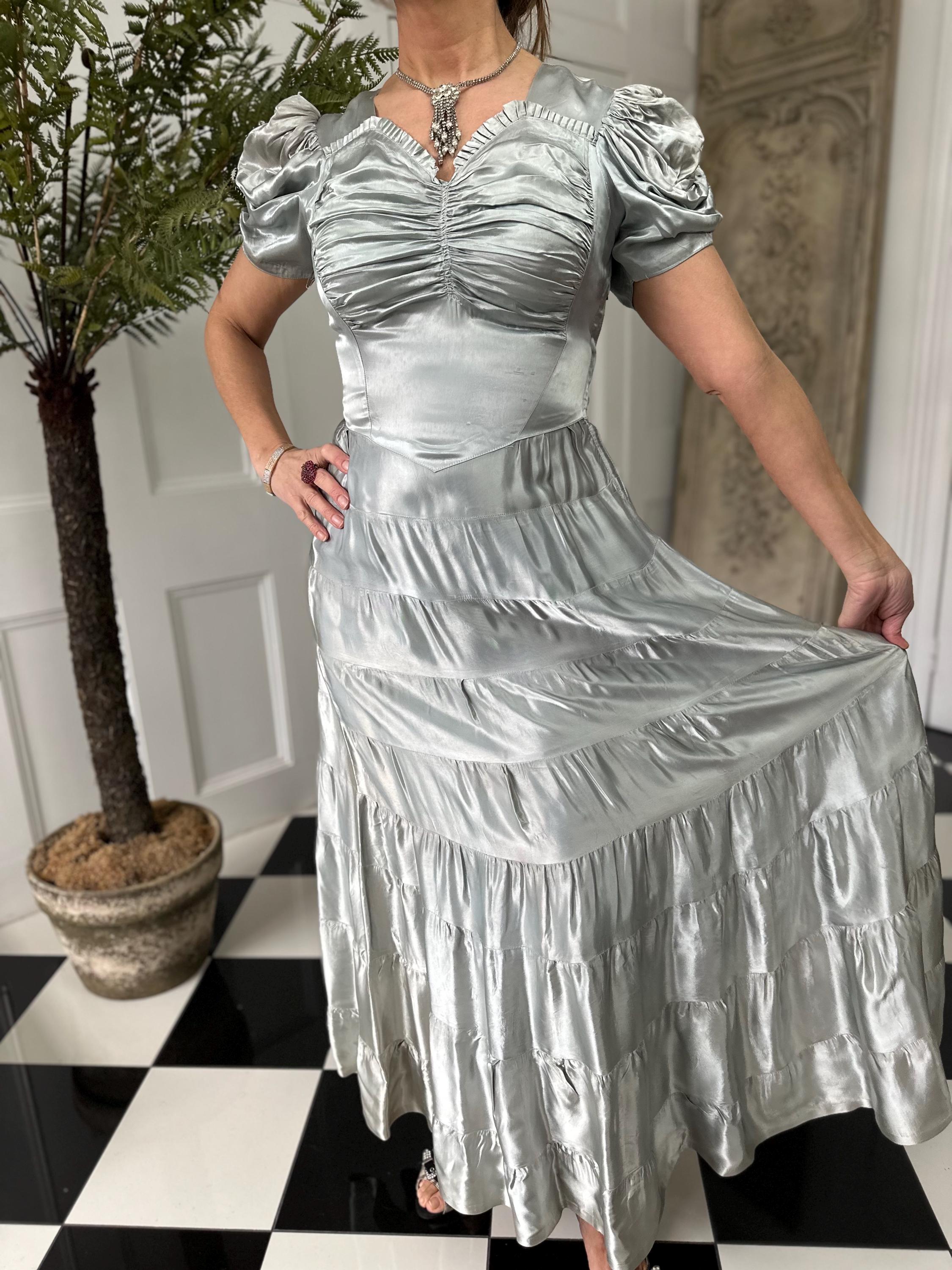 1930s long satin grey evening gown dress