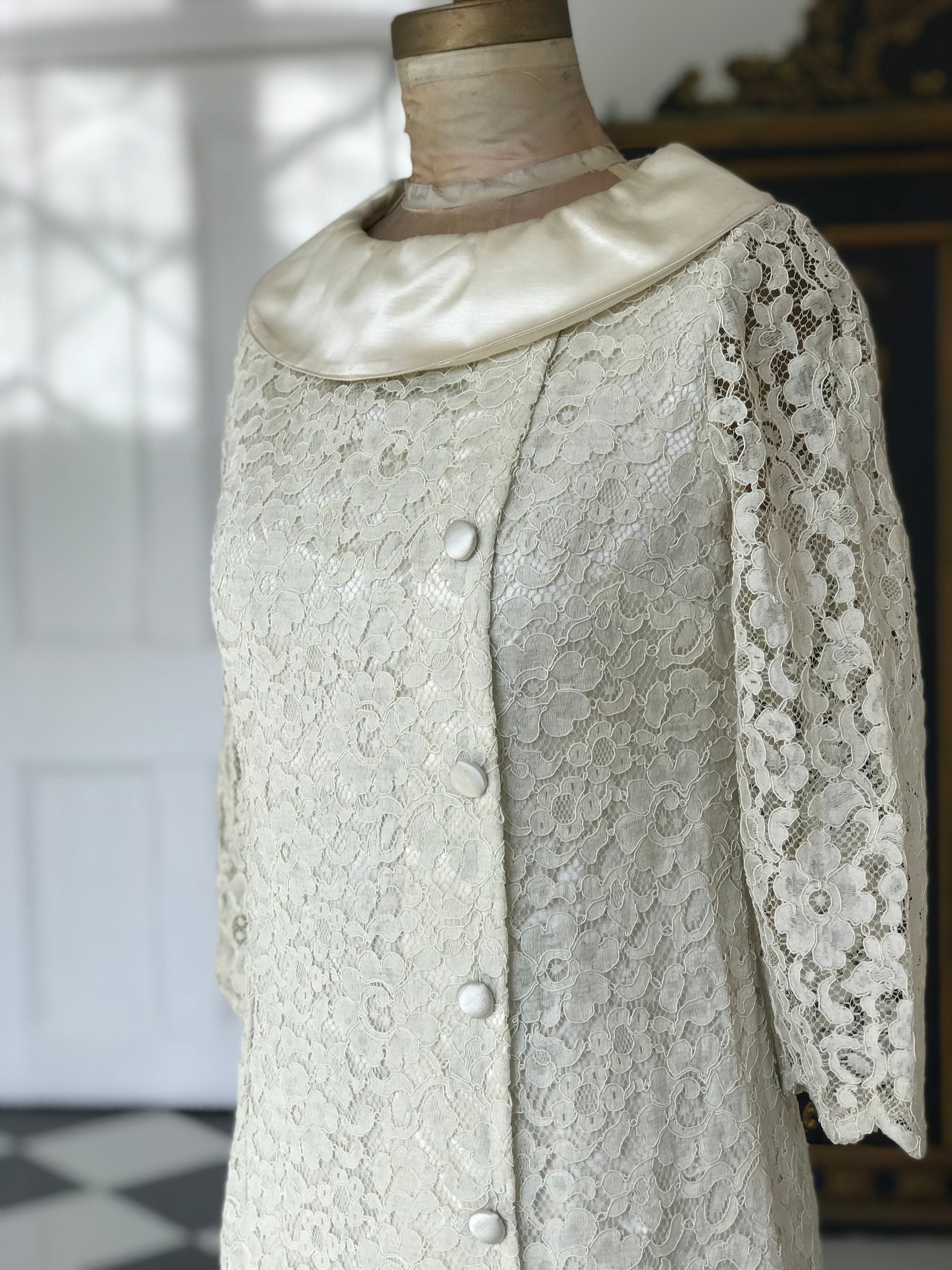 1960s silk satin and corded lace wedding dress  cocktail  dress