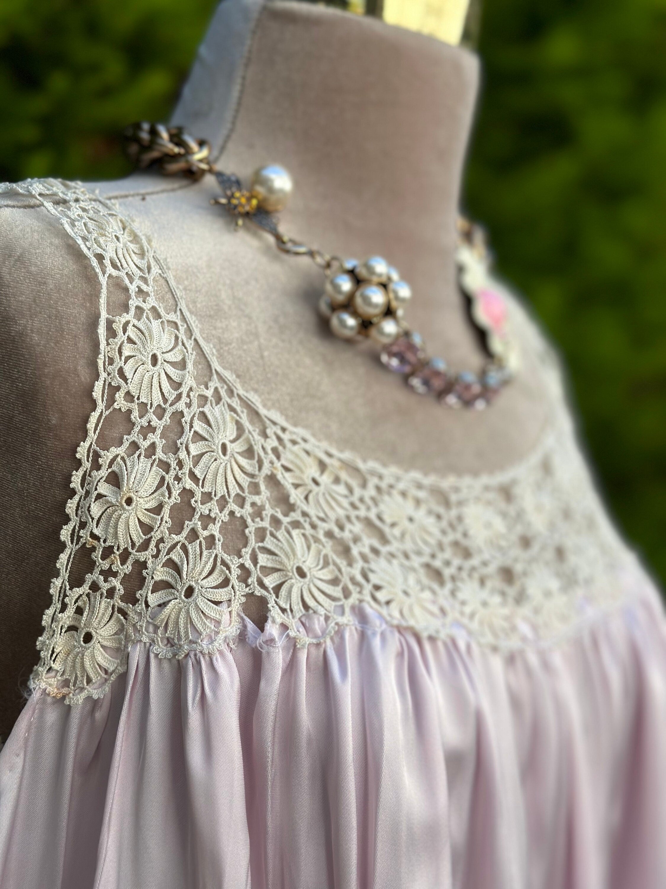 1940s lilac slip dress with fine hand crochet lace top details
