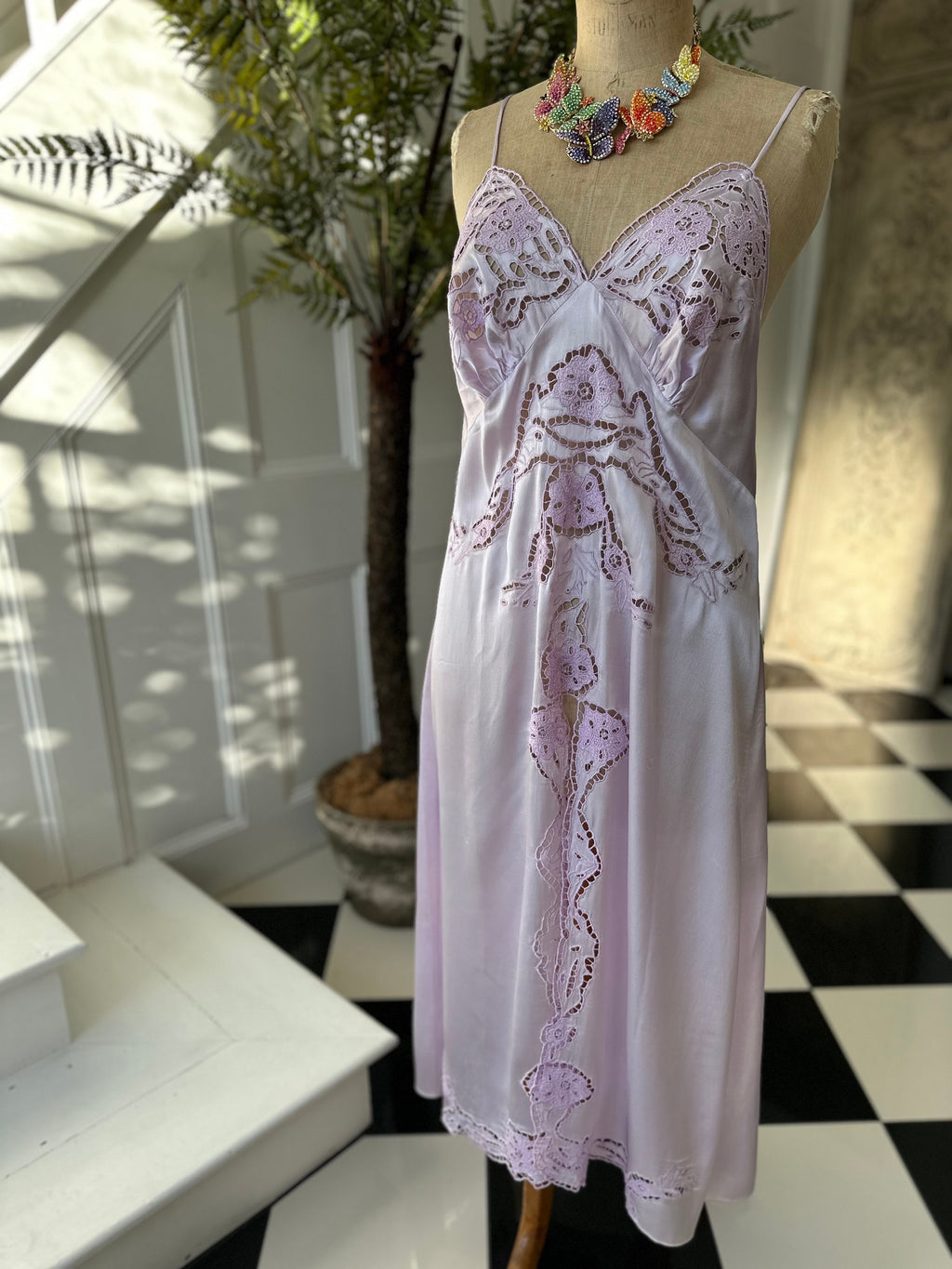 Vintage very sexy lilac cutout lace long slip