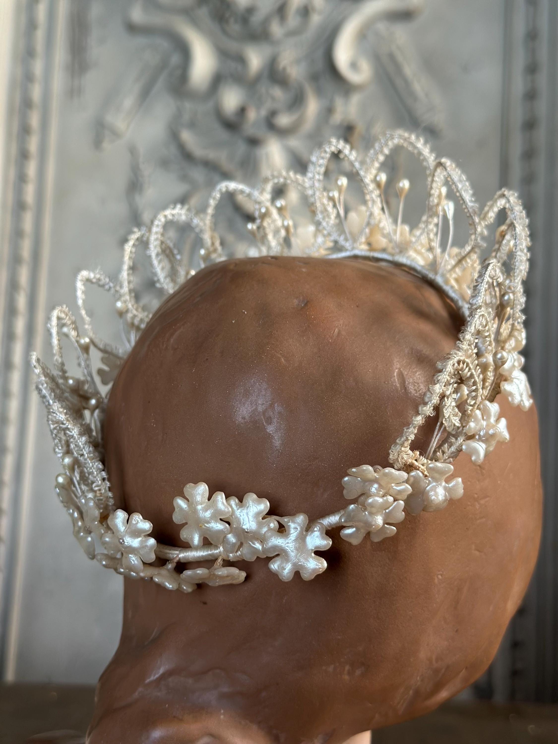 Antique 1950s  Floral Wax with ribbon tiara crown