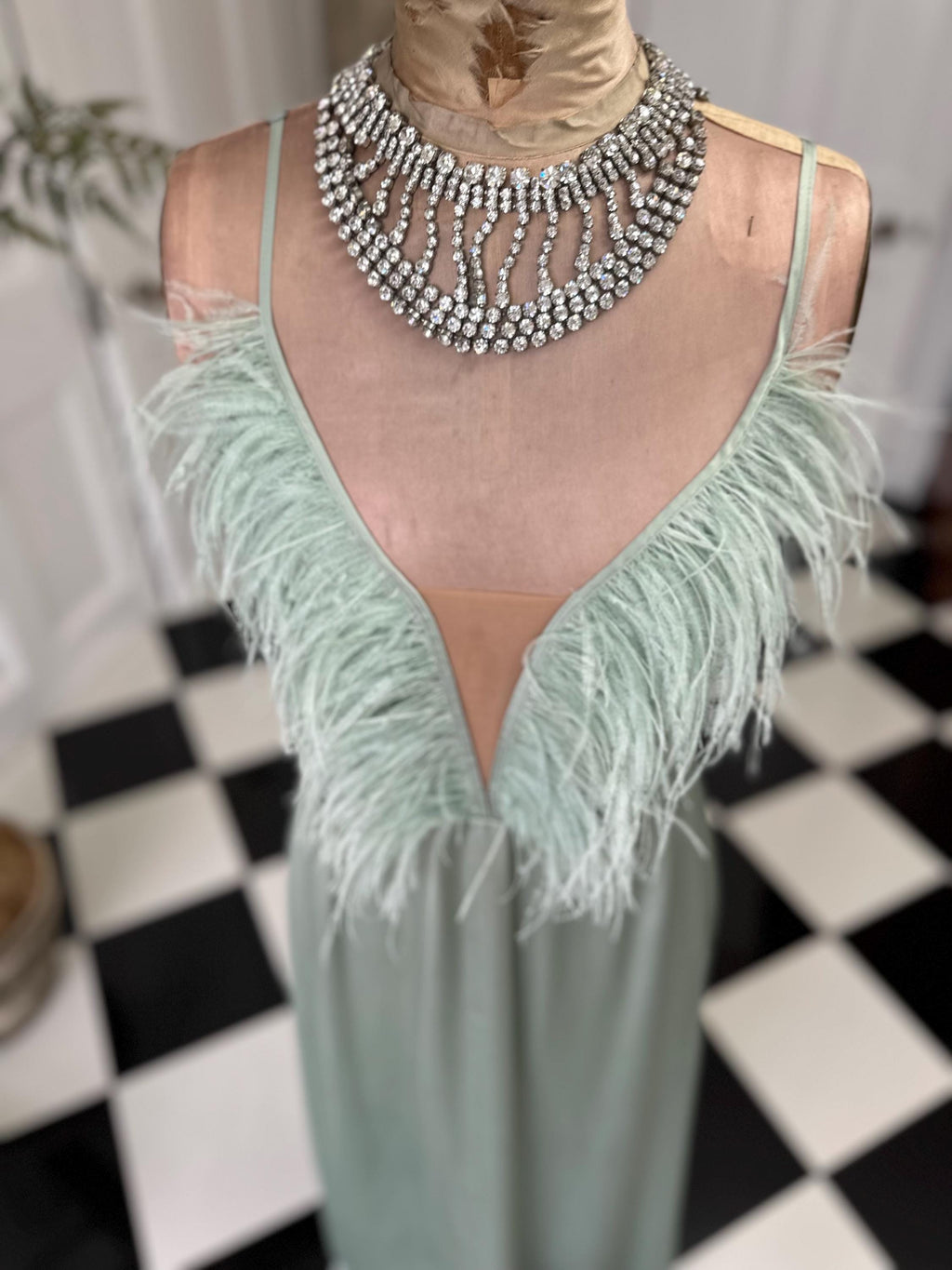 1930s style sage green  ostrich feather satin gown