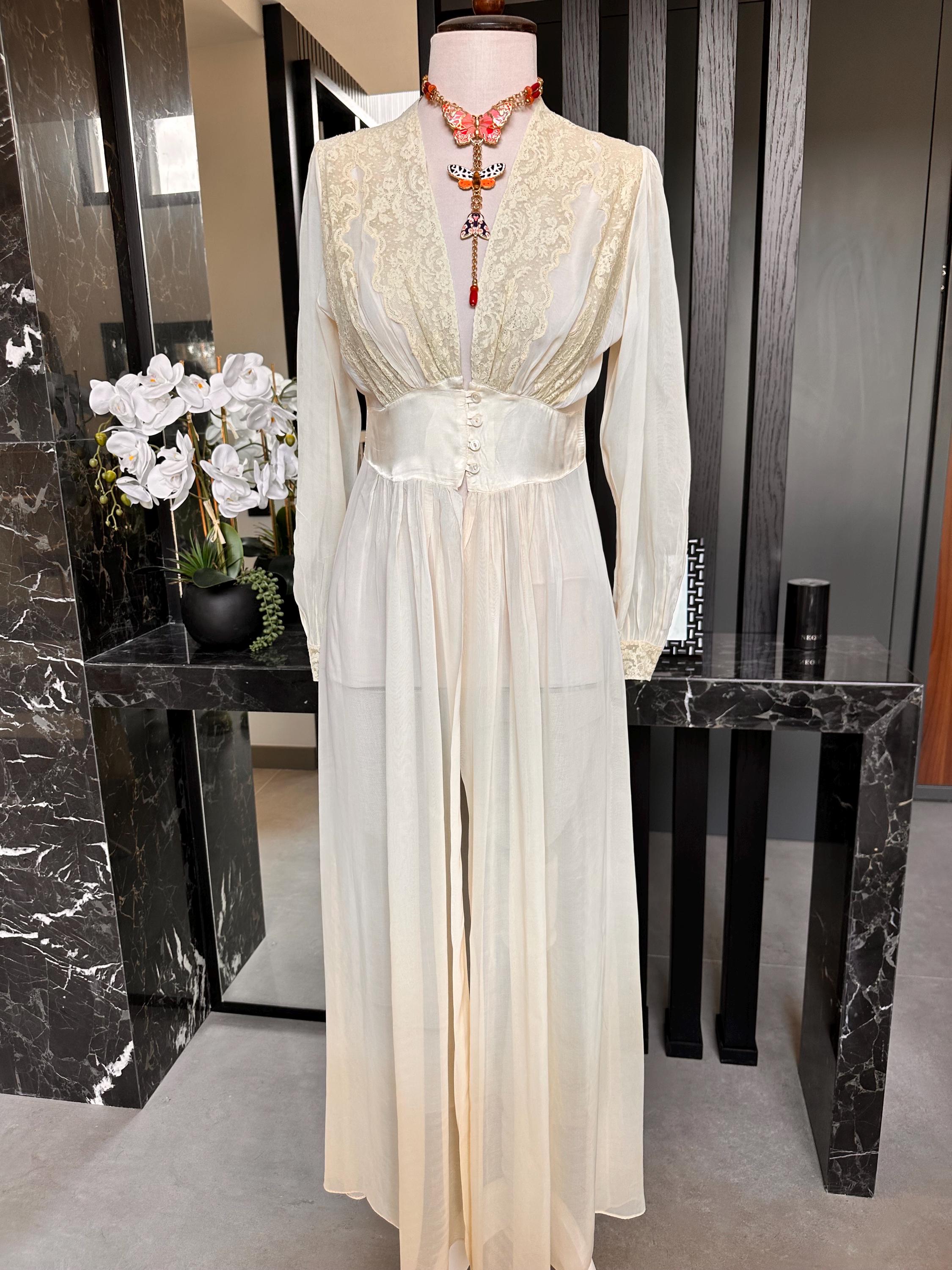 Vintage Forty Winks Ivory Lace Peignoir 1940s  Sheer Bridal Nightgown
