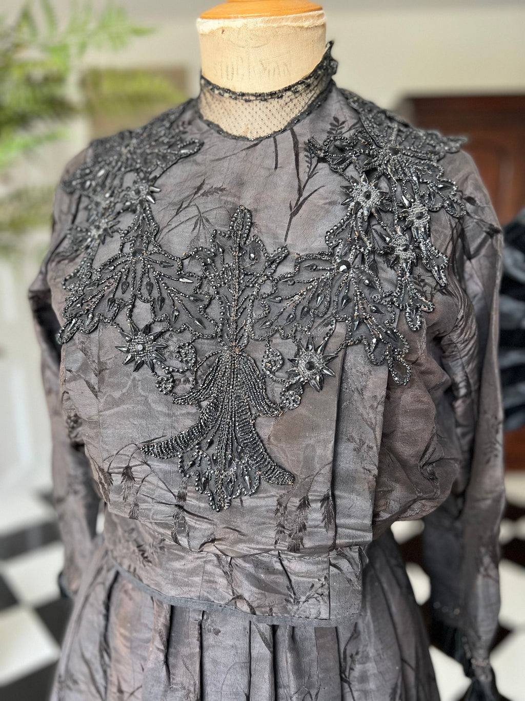 1890s  Victorian black silk embellished bodice and skirt