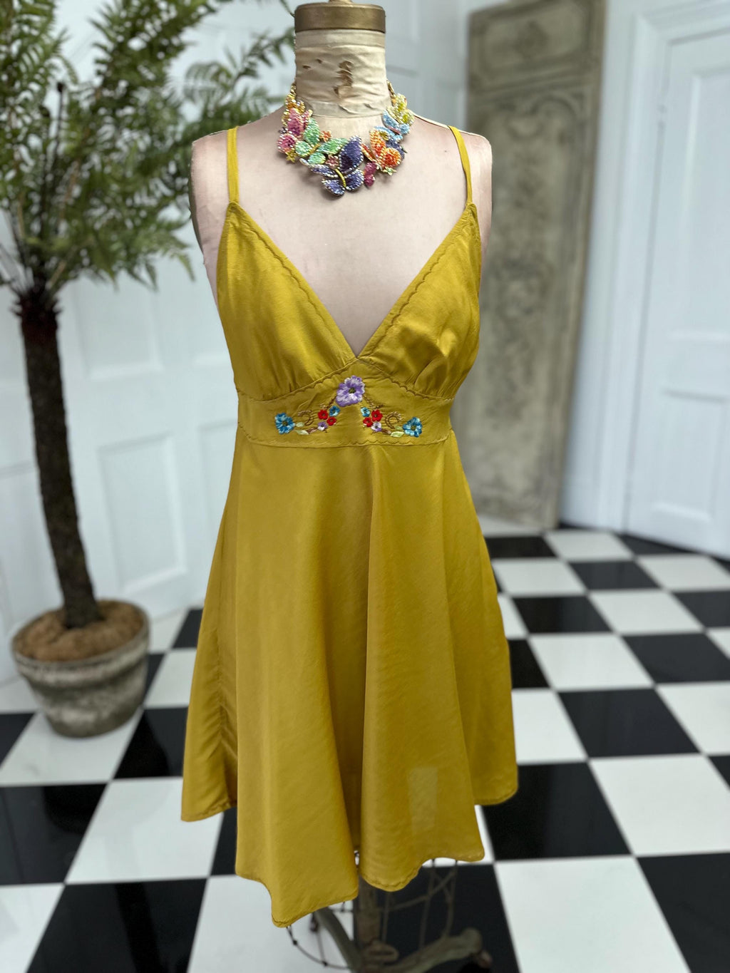 Vintage Mustard Cross Back Silky Mini Slip Dress