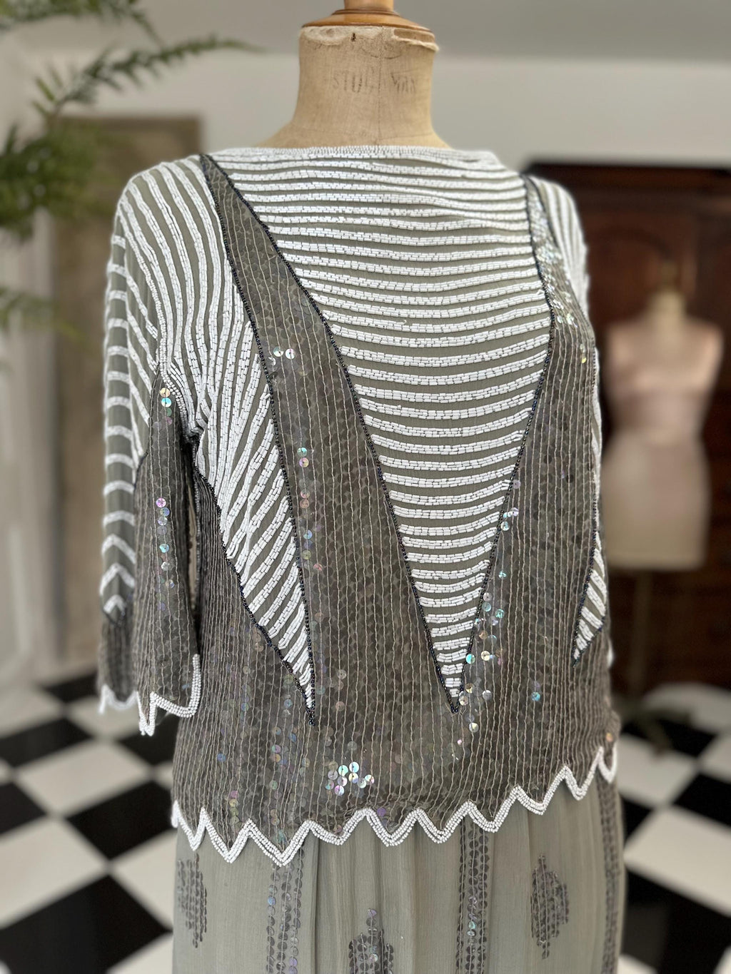 Vintage sage green and white sequin top and skirt