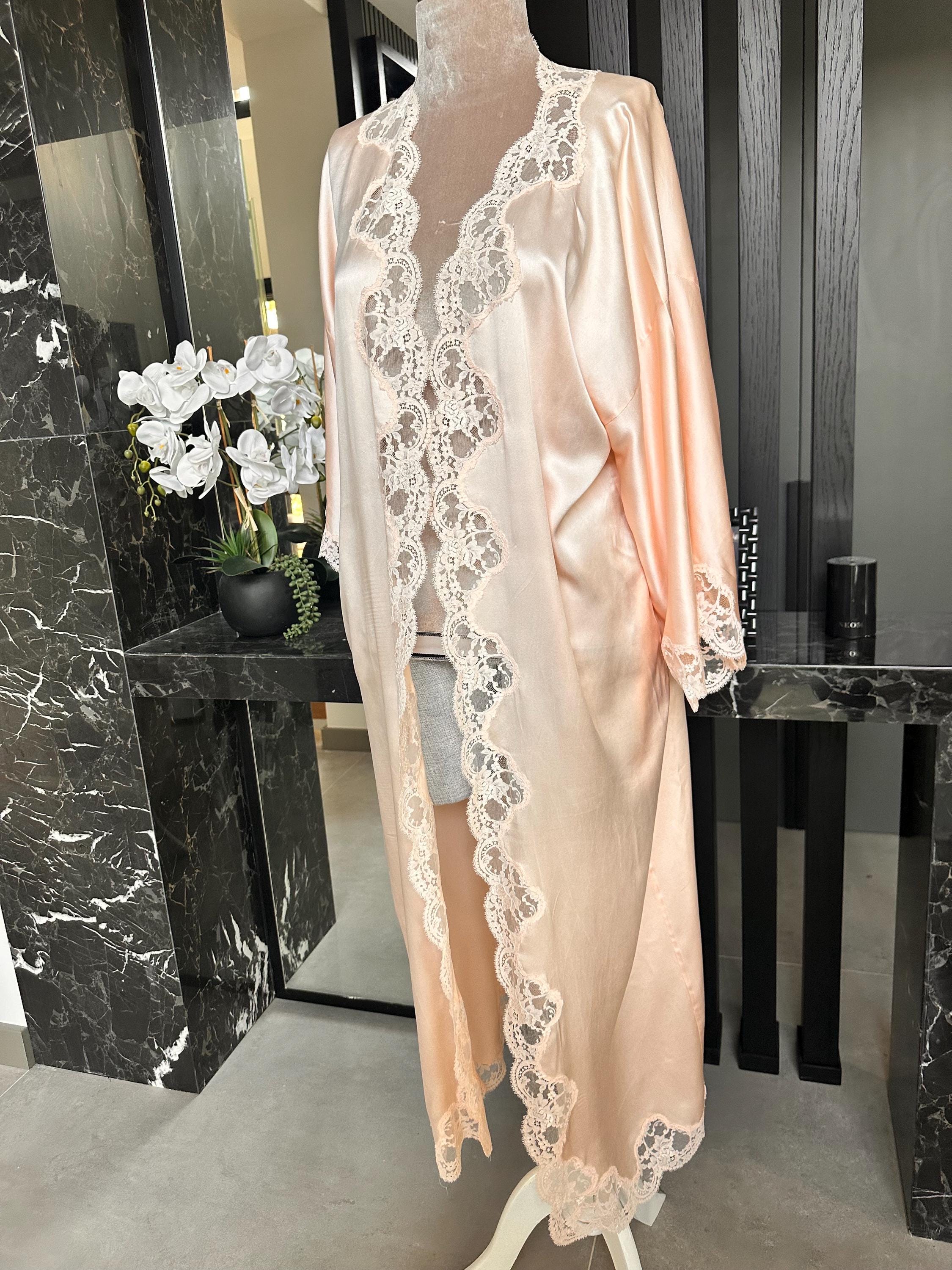 Pure Silk Lace Robe – Champagne Bridal Kimono, Embroidered Nightwear