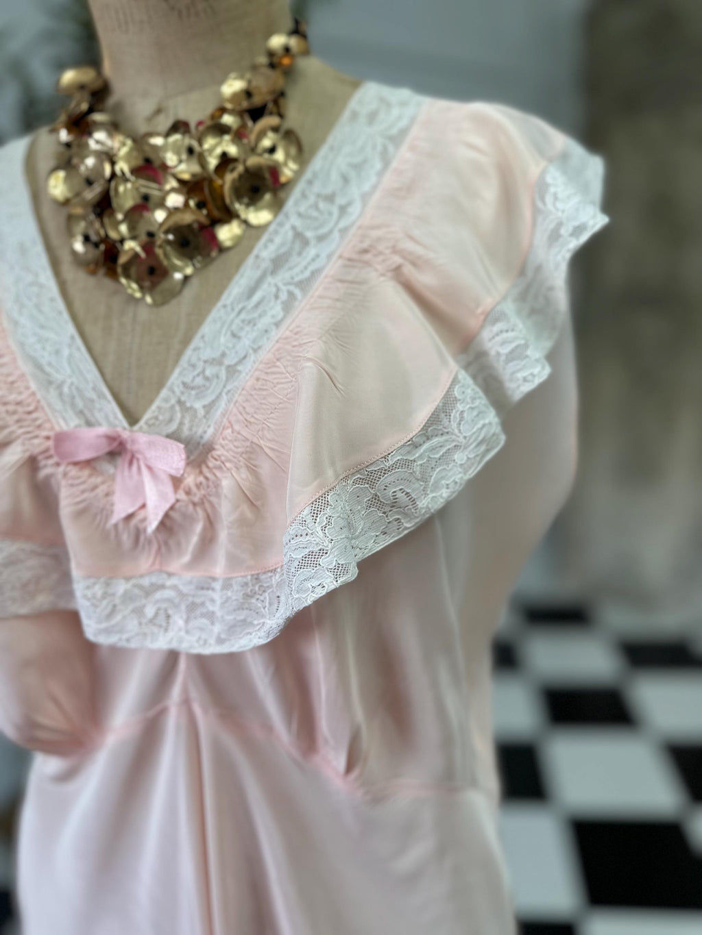 1930s Pale Pink Slip Dress: Vintage Bias Cut with Cream Lace