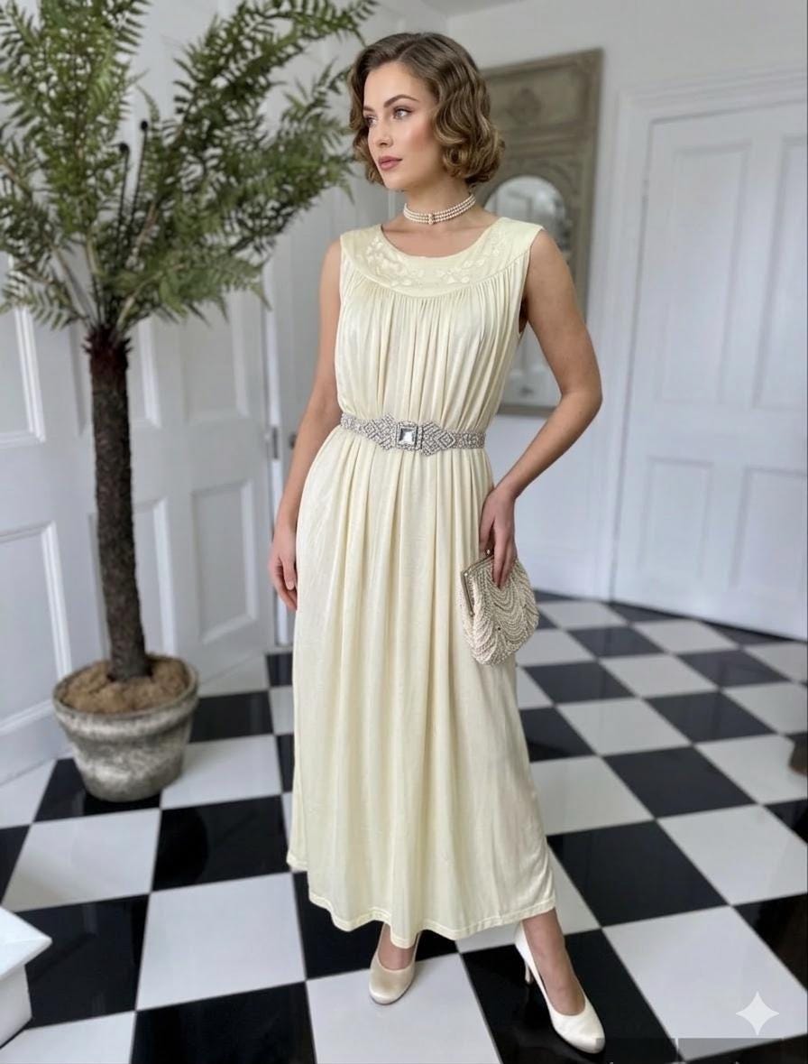 1940s boat neck  buttercup cream smock style silk slip with hand embroidery