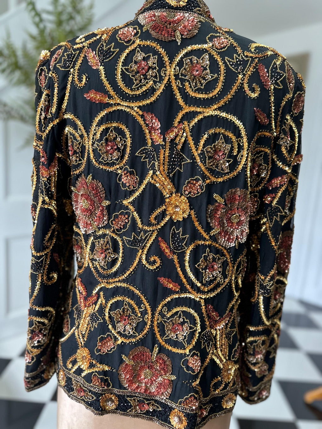 1990s Silk with bronze and gold  sequin long sleeve jacket