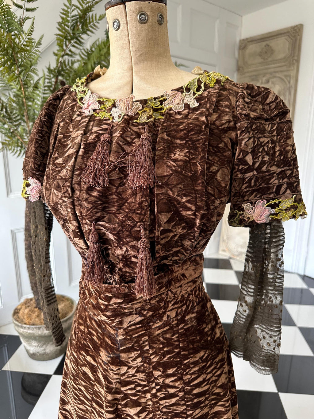 Edwardian silk crush  velvet bodice and skirt with pastel colours