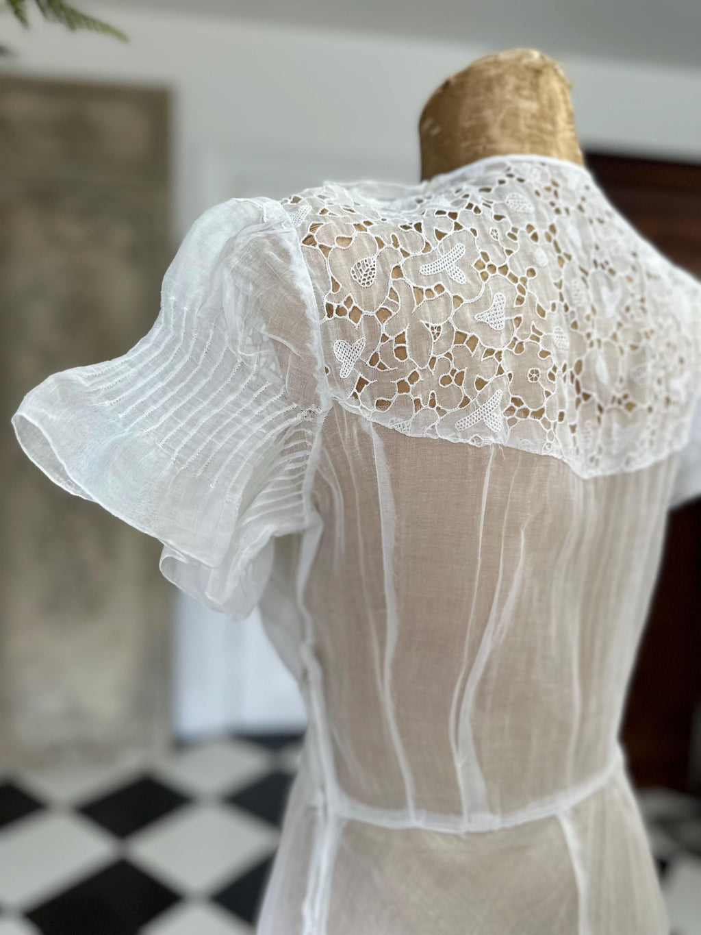 1940s white organdie cutout lace dress