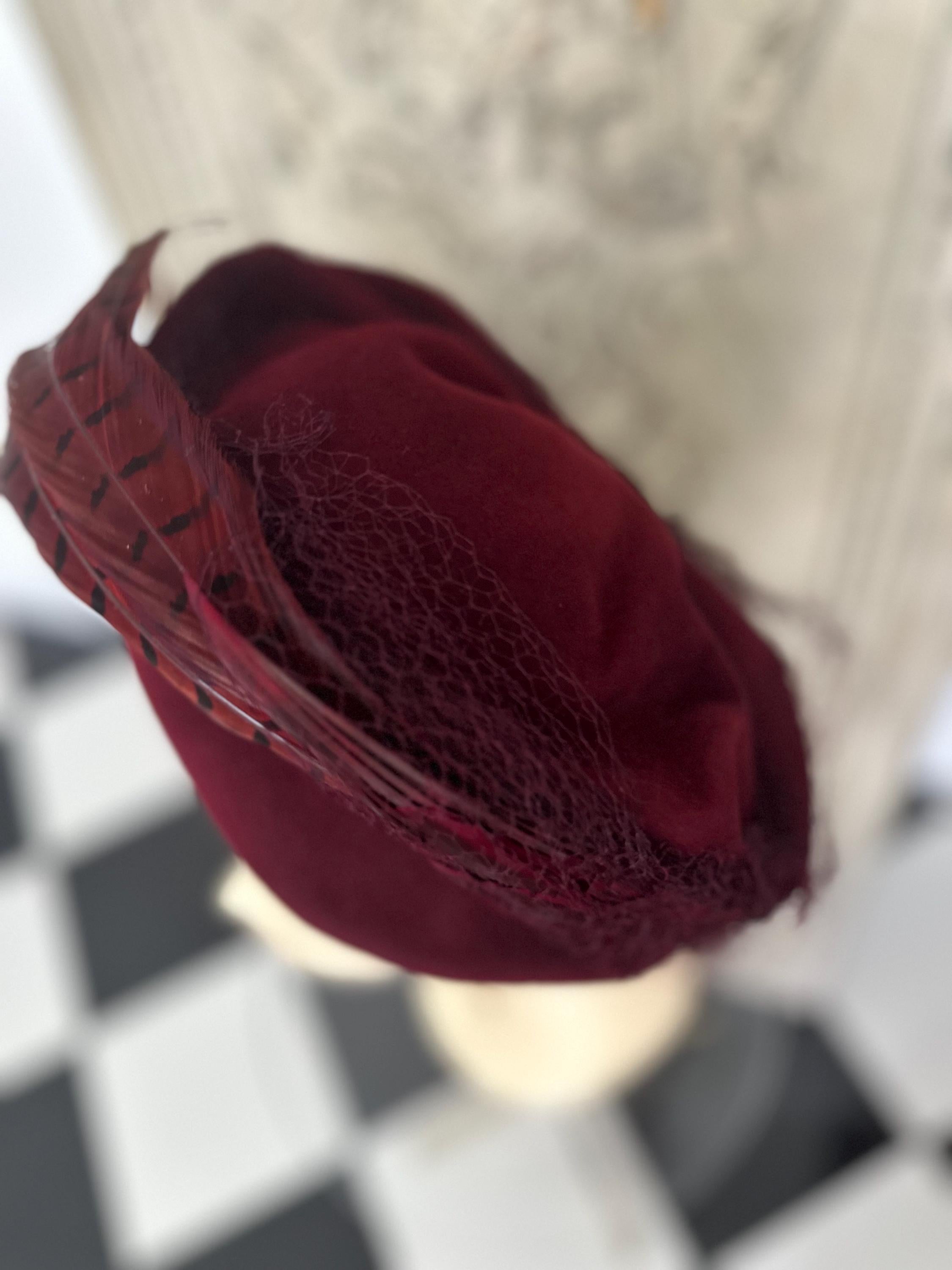 1950s Dark Red Felt Wool Hat with Feathers