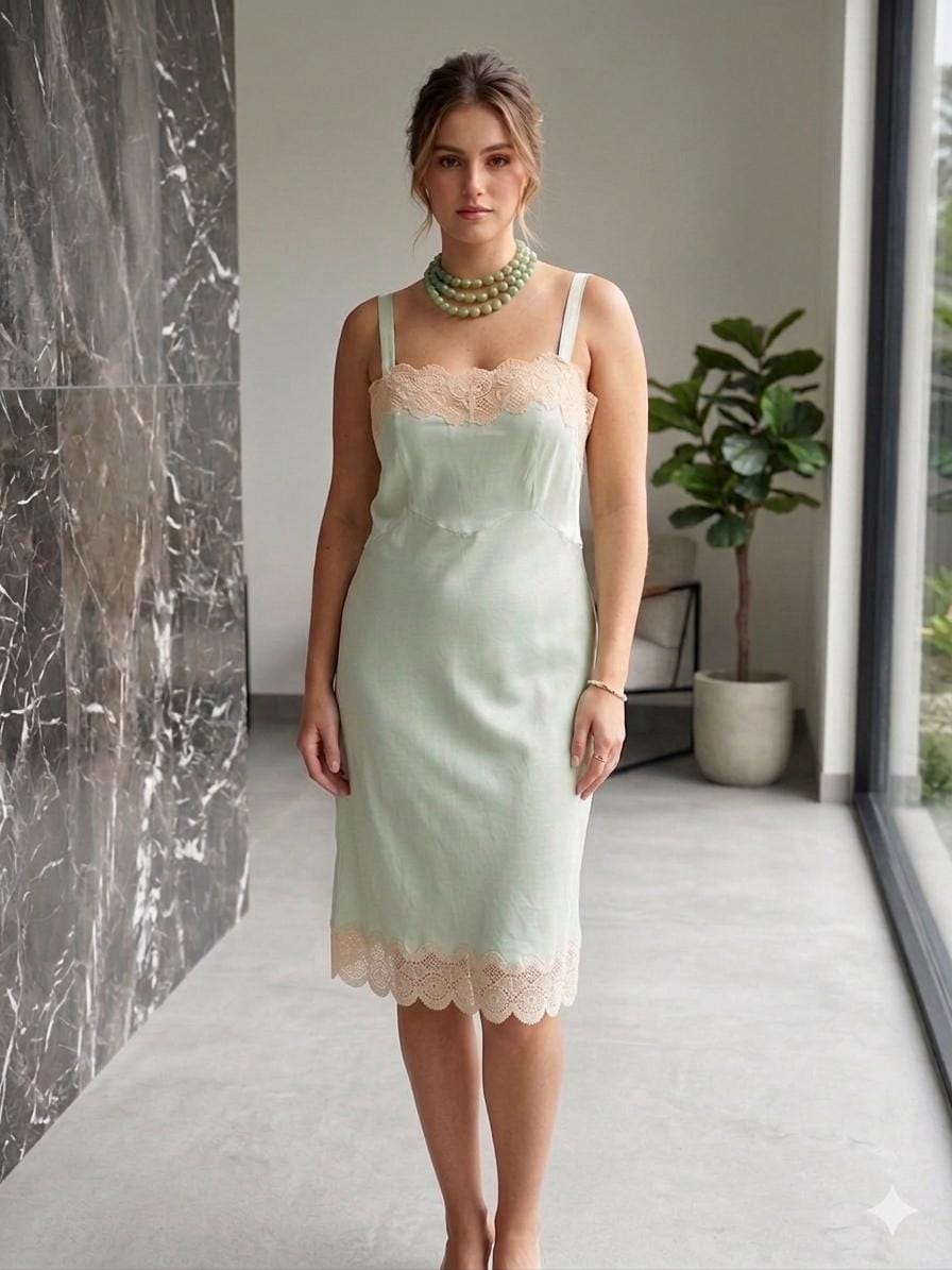 Antique 1930s Mint Green Silk Slip – Authentic Lace trimming