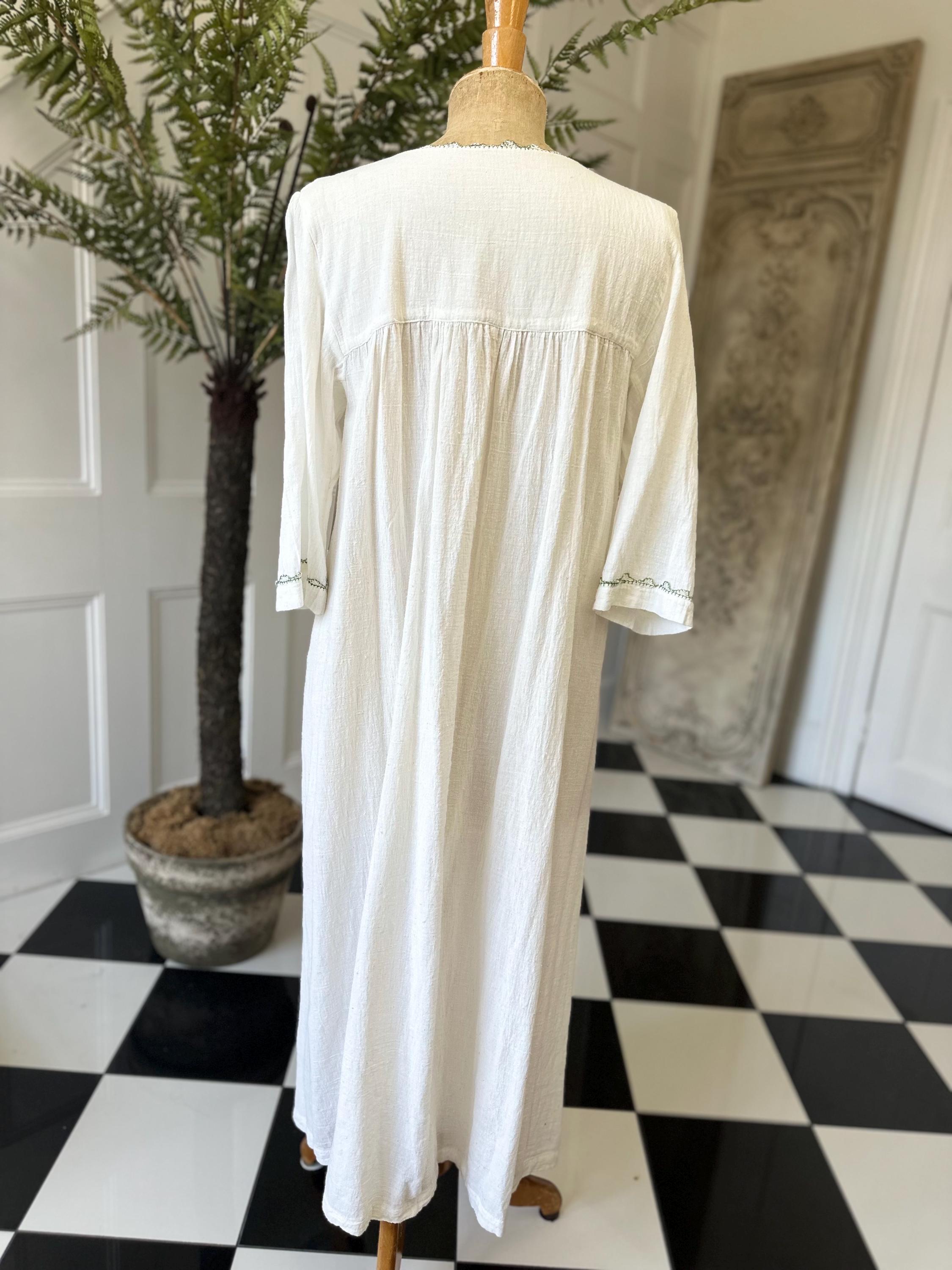 1970s Long hand loomed muslin cotton  gown with hand embroidered kimono