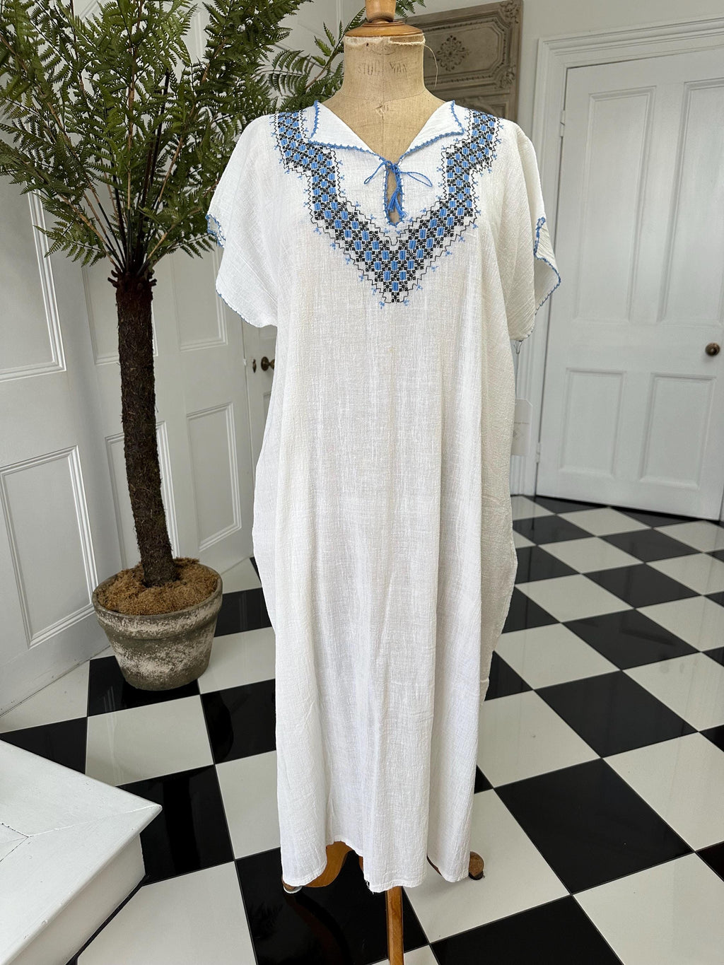 1970s hand loomed boho style  muslin dress with hand embroidered to the front