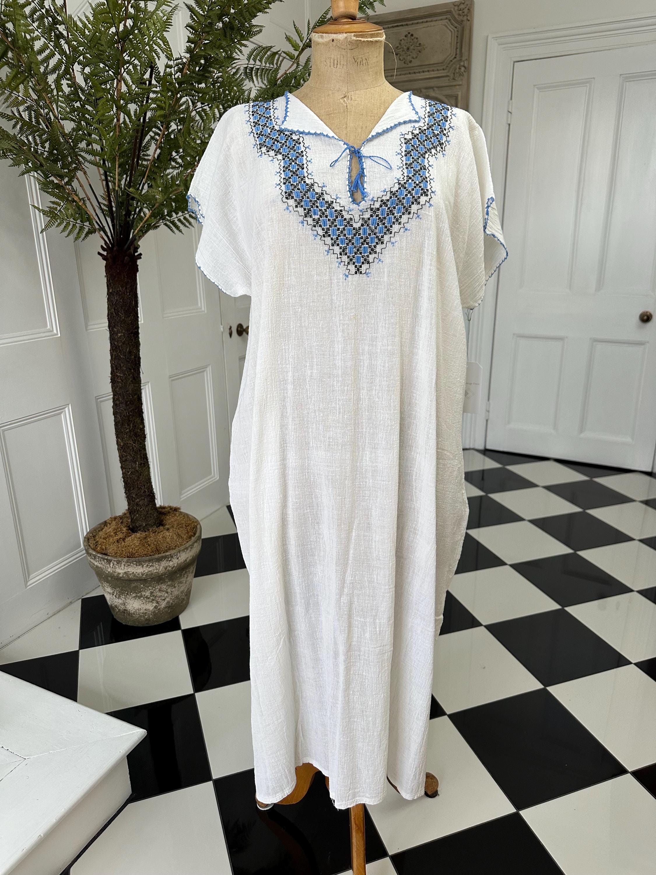 1970s hand loomed boho style  muslin dress with hand embroidered to the front