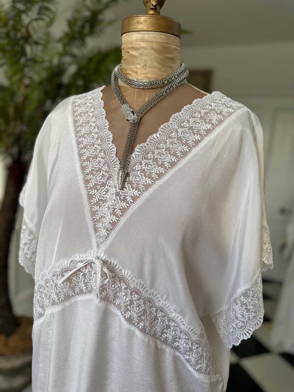 1970s silky white dress with lace trimming