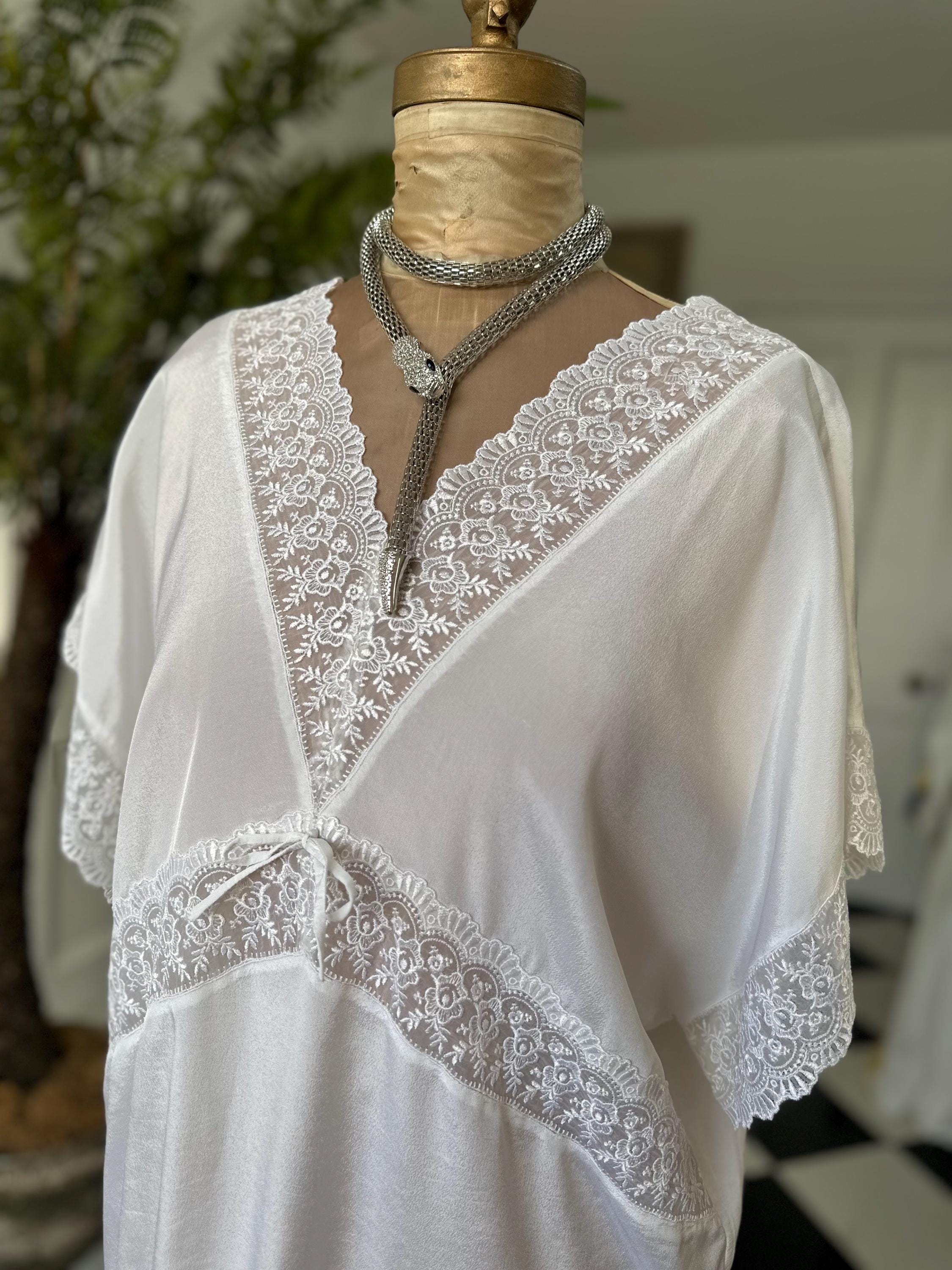 1970s silky white dress with lace trimming