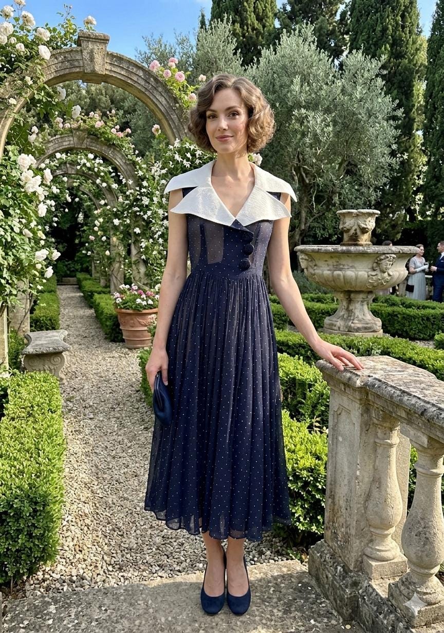 1940s Muslin Navy and white polka dot full skirt dress with extra large collar
