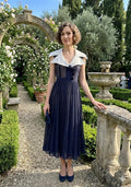 1940s Muslin Navy and white polka dot full skirt dress with extra large collar