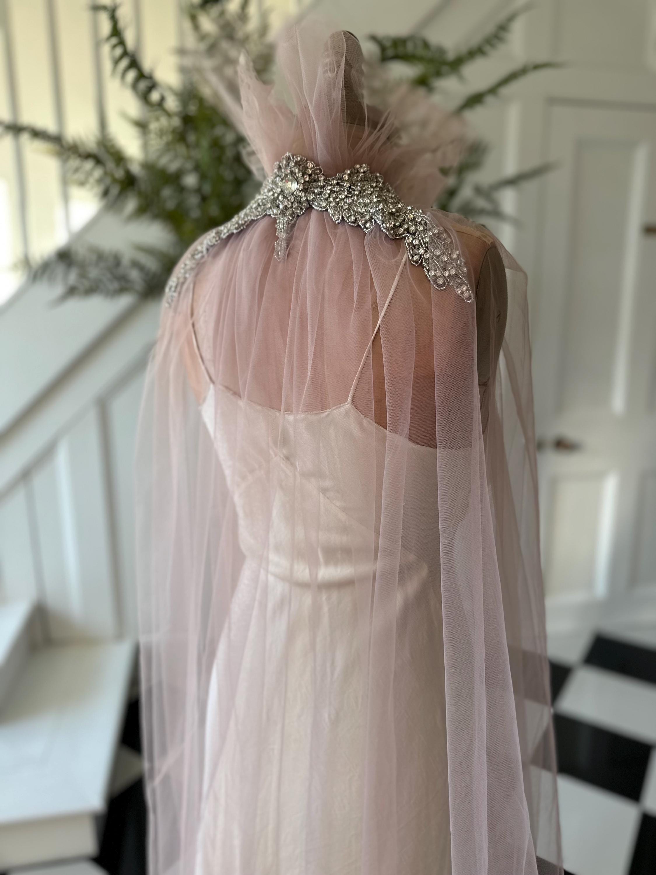 Handmade Vintage embellished soft Tulle Cape in old rose pink