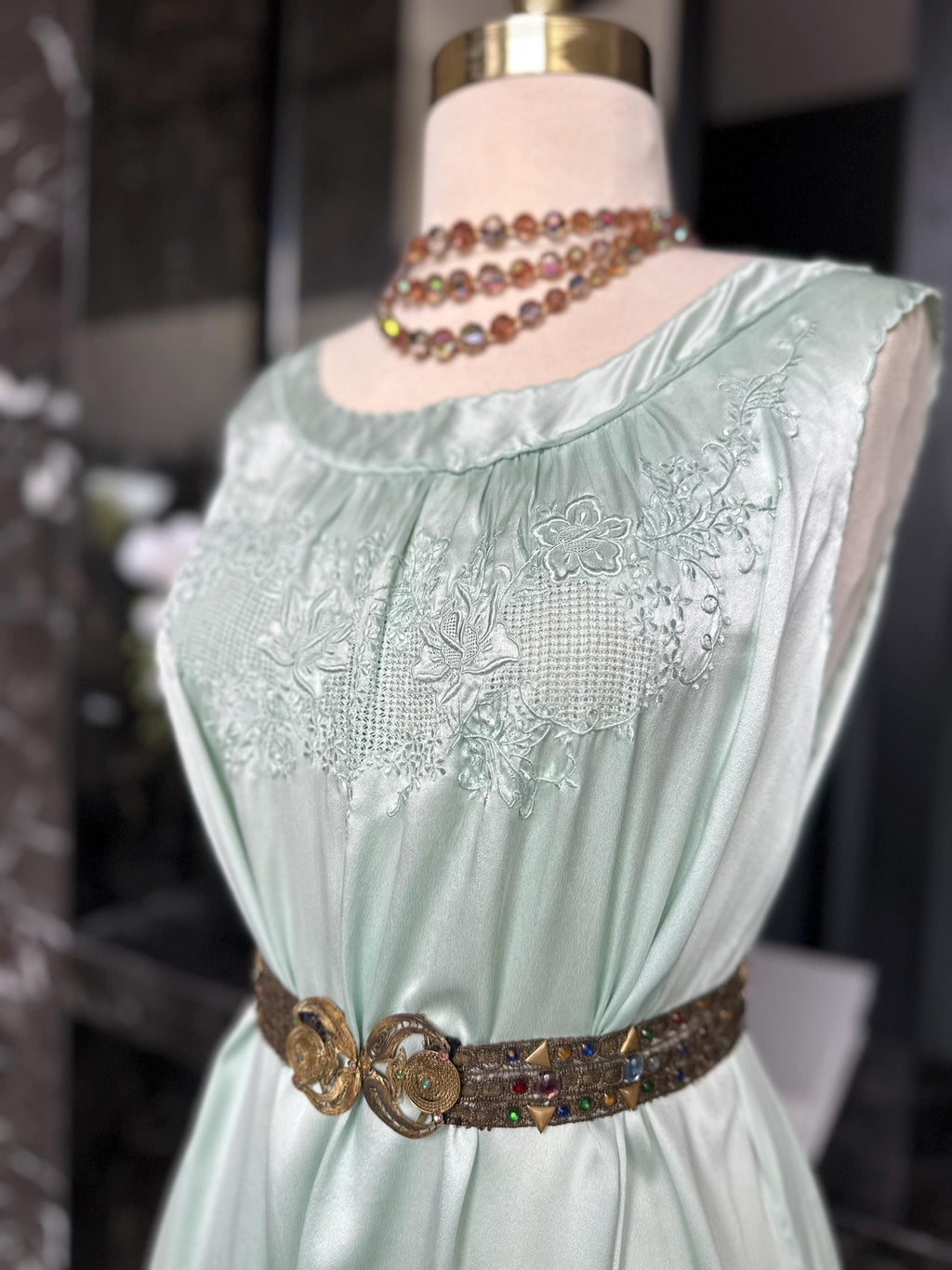 Vintage Green  Silk slip dress – Off-Shoulder Gown