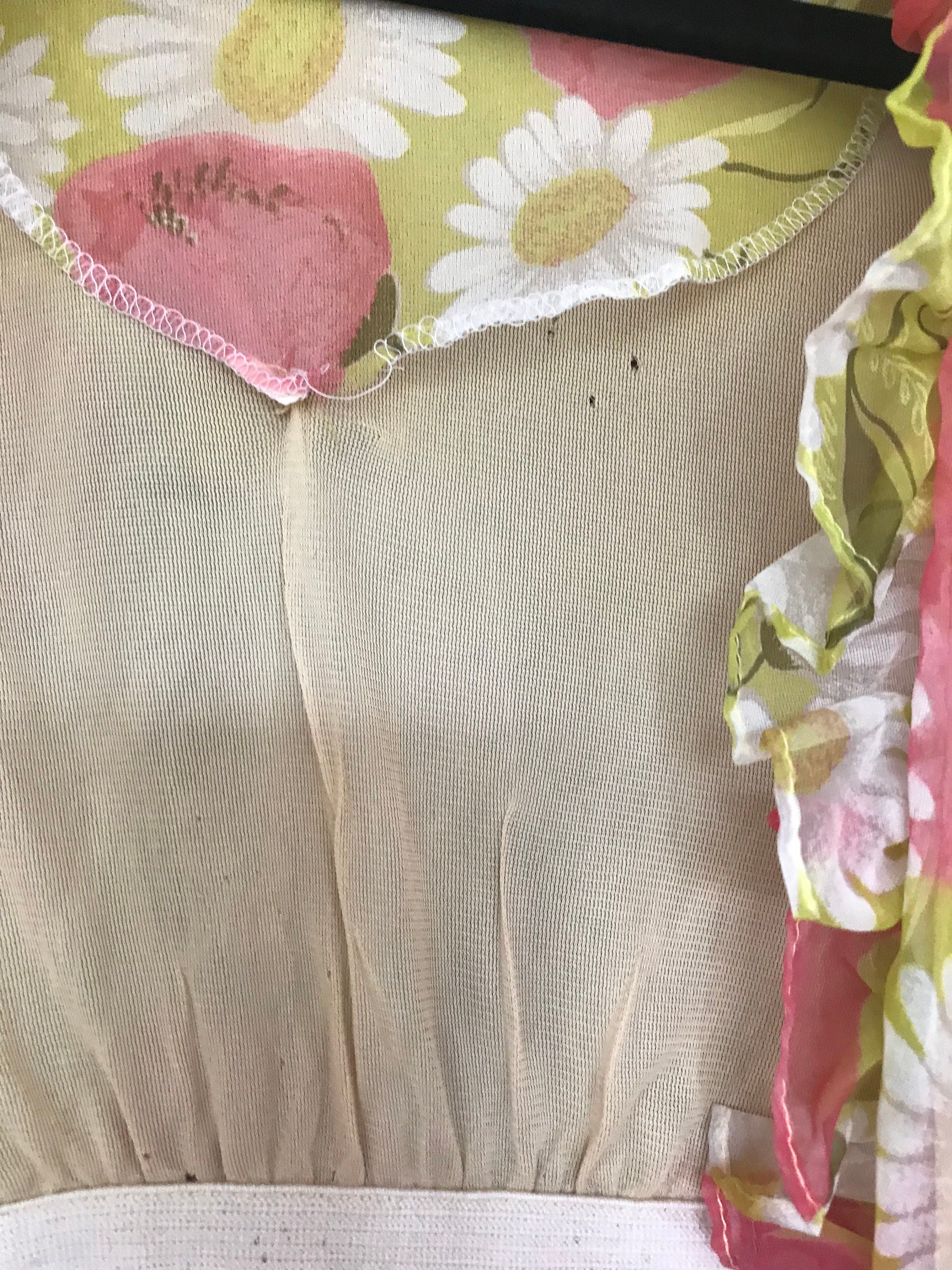 Vintage 1970s floral pink and yellow and green maxi dress with ruffle collar