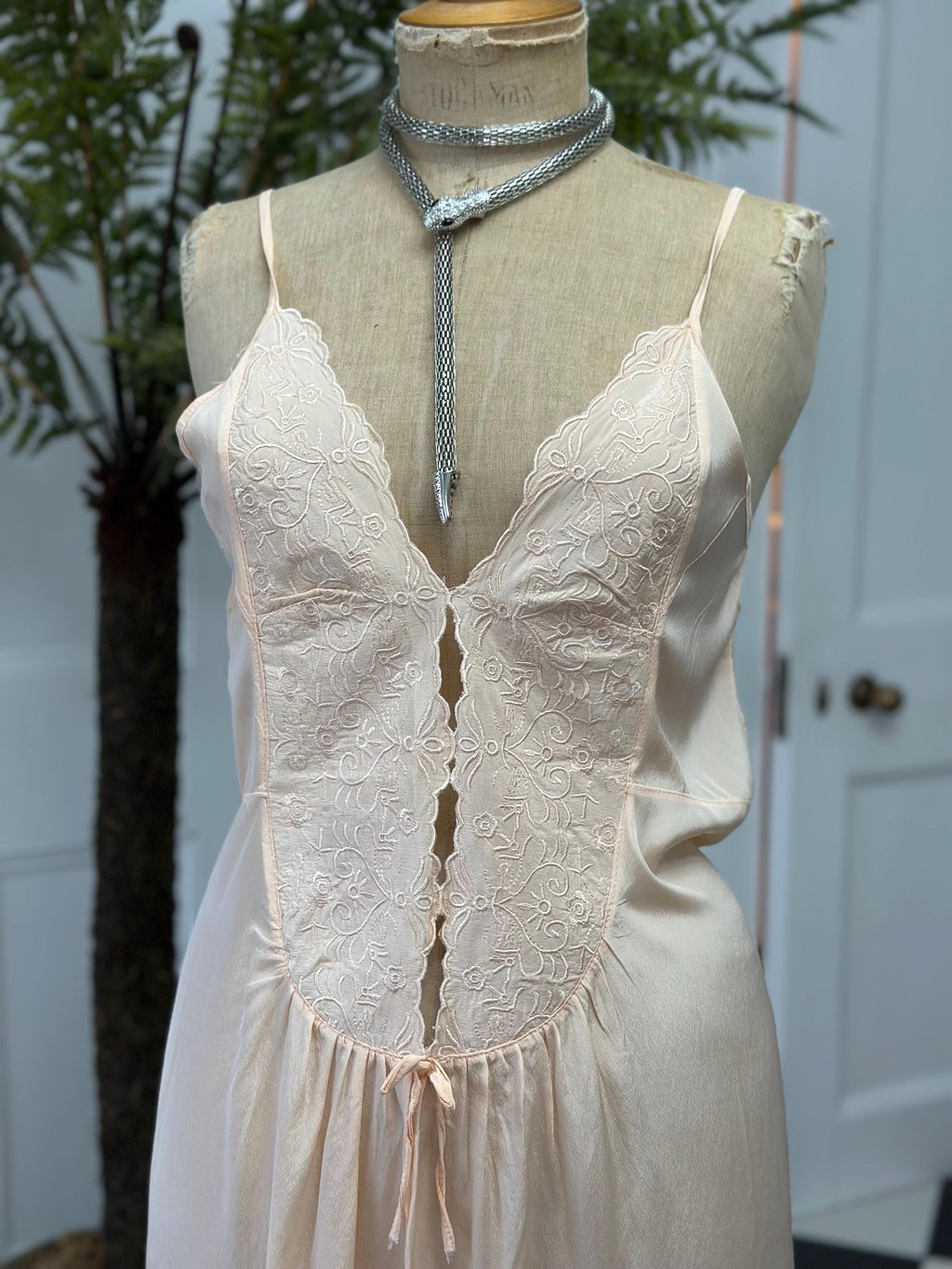 Vintage 1970s Peach Strappy Slip Dress with Heavy Embroidery
