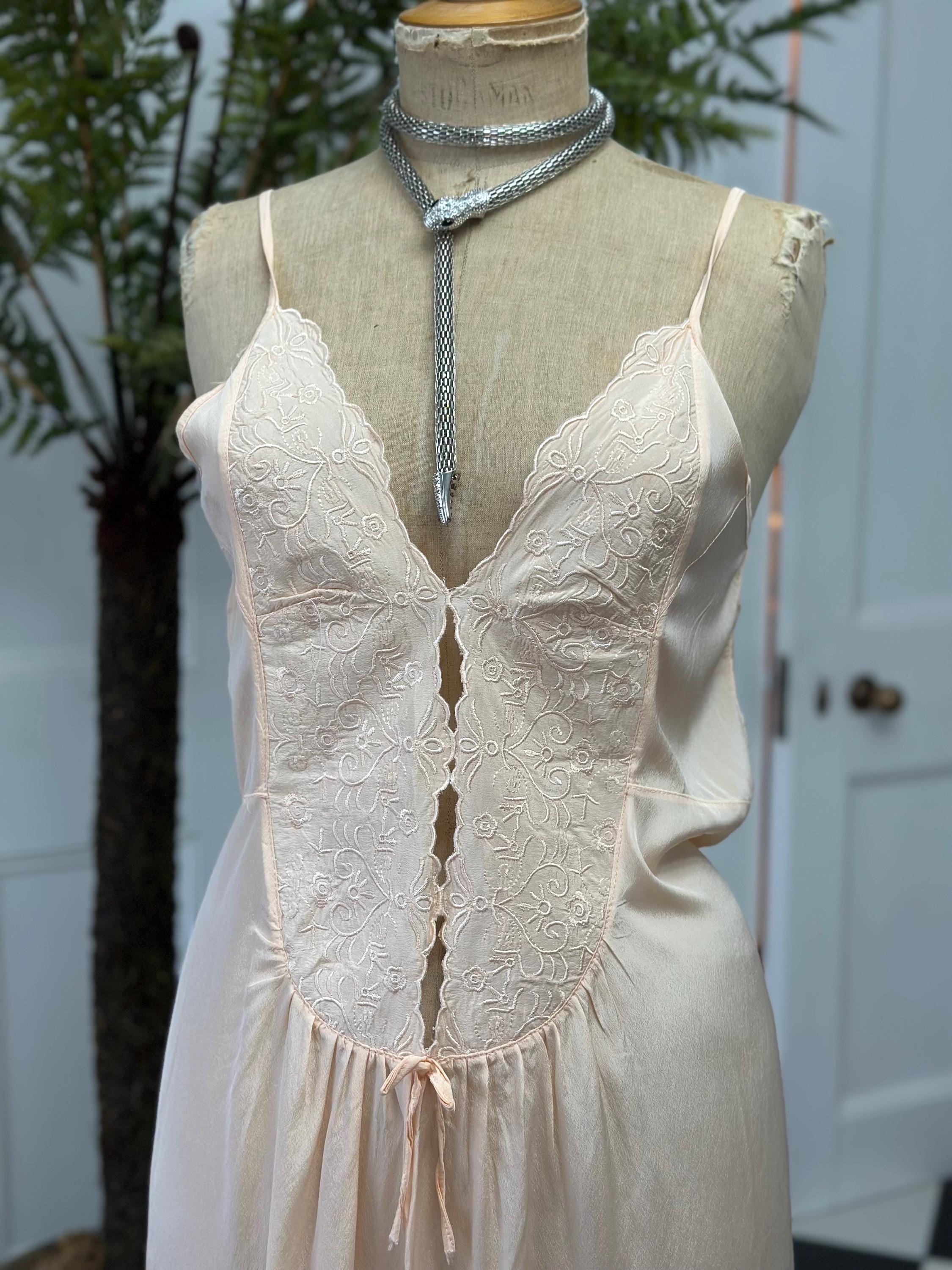 Vintage 1970s Peach Strappy Slip Dress with Heavy Embroidery