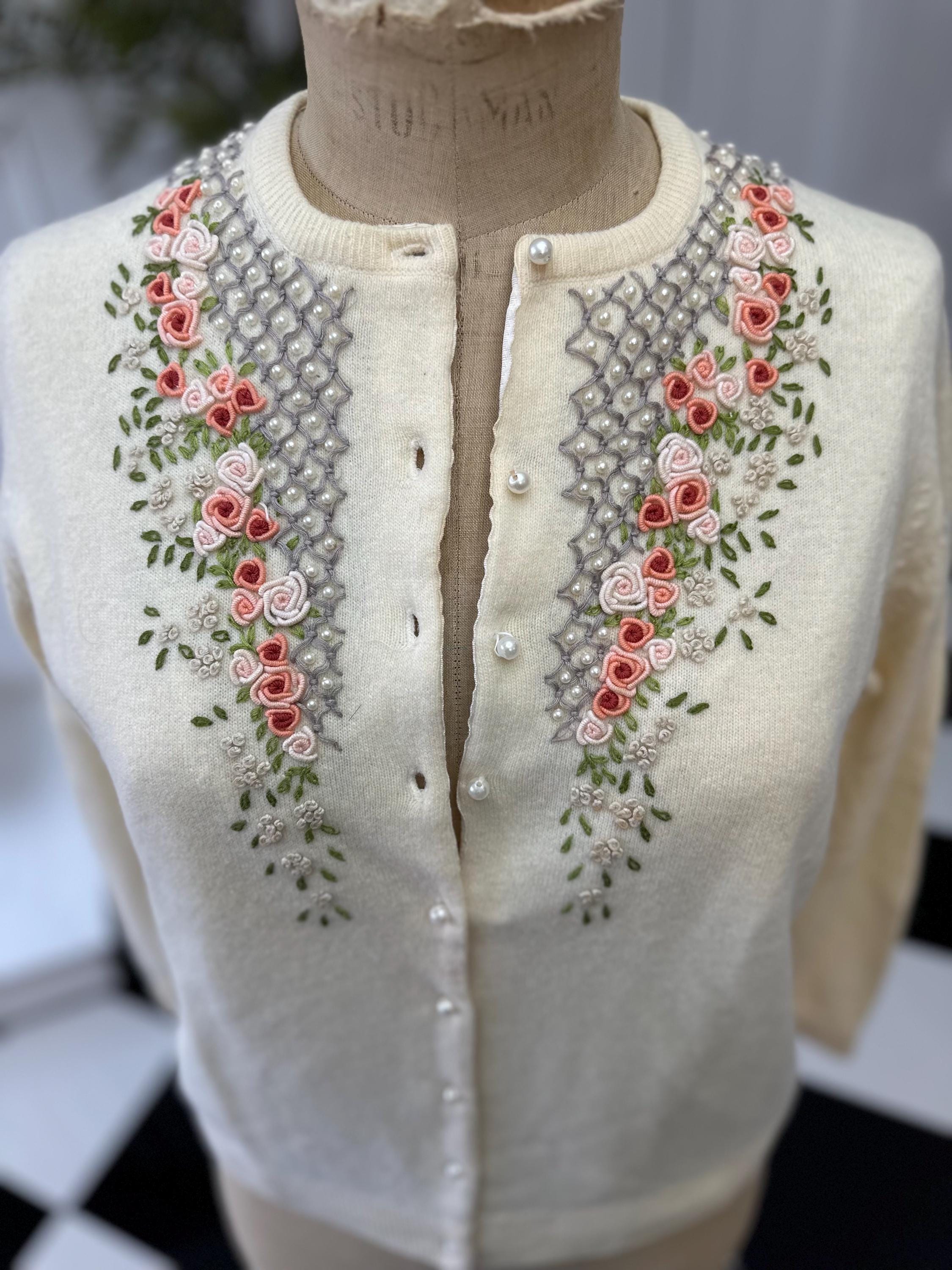 1950s Cream wool embroidery and pearl details