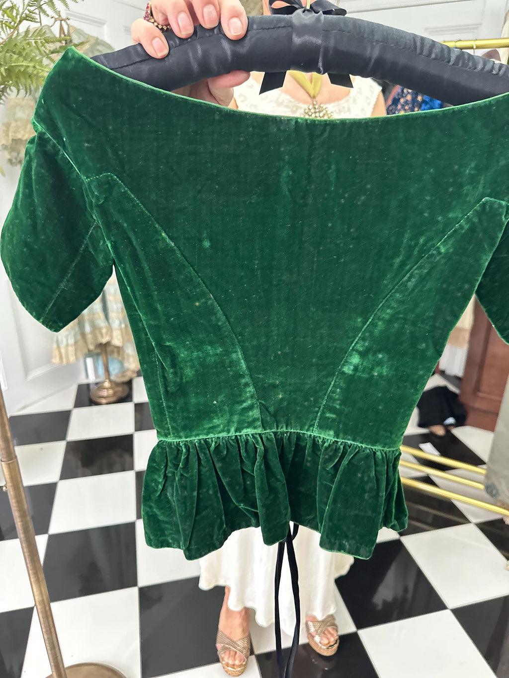 1860s Emerald Green Velvet Bodice Corset: Antique Ribbon, Collectible