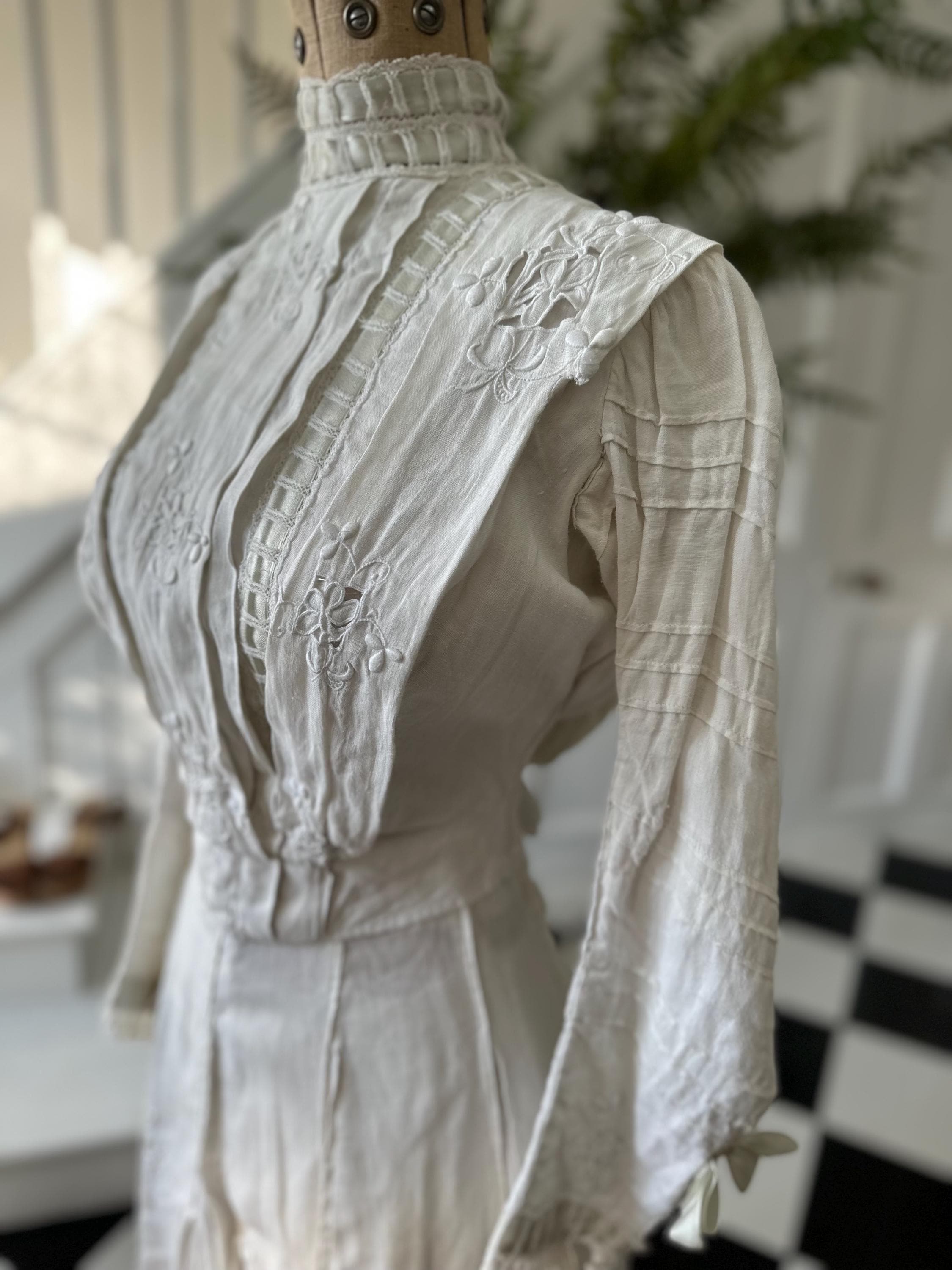 Edwardian linen  lawn dress hand embroidered skirt and bodice with silk ribbon